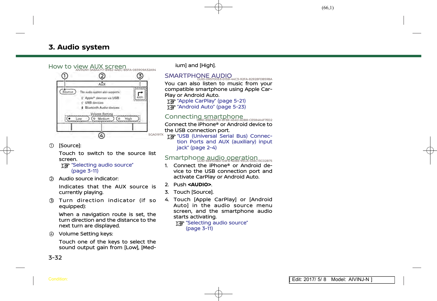 (66,1)[ Edit: 2017/ 5/ 8 Model: AIVINJ-N ]3. Audio systemHow to view AUX screenAIVINJN1-3A8A4717-B982-4AEC-B5FA-083909A32A945GA0197X[Source]:Touch to switch to the source listscreen.“Selecting audio source”(page 3-11)Audio source indicator:Indicates that the AUX source iscurrently playing.Turn direction indicator (if soequipped):When a navigation route is set, theturn direction and the distance to thenext turn are displayed.Volume Setting keys:Touch one of the keys to select thesound output gain from [Low], [Med-ium] and [High].SMARTPHONE AUDIOGUID-09570053-D159-44C3-92FA-82928FDB59BAYou can also listen to music from yourcompatible smartphone using Apple Car-Play or Android Auto.“Apple CarPlay” (page 5-21)“Android Auto” (page 5-23)Connecting smartphoneGUID-85D99C1D-6F8E-4540-A0B8-CE584A4F7ED2Connect the iPhone® or Android device tothe USB connection port.“USB (Universal Serial Bus) Connec-tion Ports and AUX (auxiliary) inputjack” (page 2-4)Smartphone audio operationGUID-869103BD-04F6-4DB6-95CA-436C13C02B751. Connect the iPhone® or Android de-vice to the USB connection port andactivate CarPlay or Android Auto.2. Push &lt;AUDIO&gt;.3. Touch [Source].4. Touch [Apple CarPlay] or [AndroidAuto] in the audio source menuscreen, and the smartphone audiostarts activating.“Selecting audio source”(page 3-11)Condition:3-32