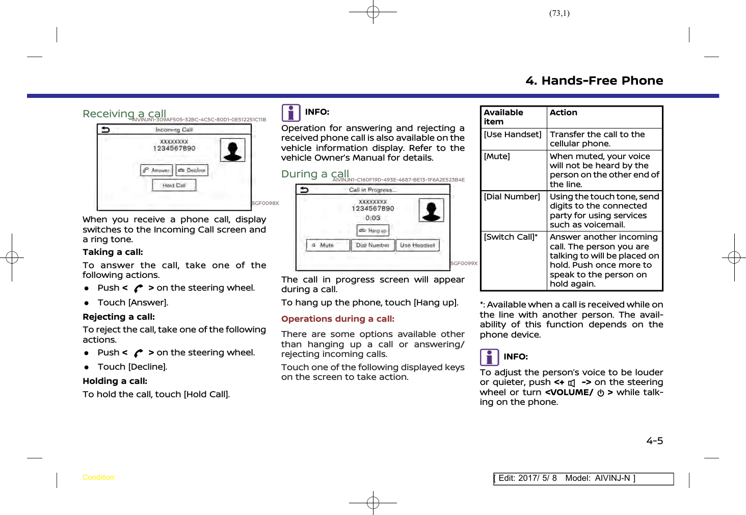 (73,1)[ Edit: 2017/ 5/ 8 Model: AIVINJ-N ]Receiving a callAIVINJN1-309AF505-32BC-4C5C-80D1-0E512251C11B5GF0098XWhen you receive a phone call, displayswitches to the Incoming Call screen anda ring tone.Taking a call:To answer the call, take one of thefollowing actions..Push &lt;&gt;on the steering wheel..Touch [Answer].Rejecting a call:To reject the call, take one of the followingactions..Push &lt;&gt;on the steering wheel..Touch [Decline].Holding a call:To hold the call, touch [Hold Call].INFO:Operation for answering and rejecting areceived phone call is also available on thevehicle information display. Refer to thevehicle Owner’s Manual for details.During a callAIVINJN1-C160F19D-493E-4687-BE13-1F6A2E523B4E5GF0099XThe call in progress screen will appearduring a call.To hang up the phone, touch [Hang up].Operations during a call:There are some options available otherthan hanging up a call or answering/rejecting incoming calls.Touch one of the following displayed keyson the screen to take action.AvailableitemAction[Use Handset] Transfer the call to thecellular phone.[Mute] When muted, your voicewill not be heard by theperson on the other end ofthe line.[Dial Number] Using the touch tone, senddigits to the connectedparty for using servicessuch as voicemail.[Switch Call]* Answer another incomingcall. The person you aretalking to will be placed onhold. Push once more tospeak to the person onhold again.*: Available when a call is received while onthe line with another person. The avail-ability of this function depends on thephone device.INFO:To adjust the person’s voice to be louderor quieter, push &lt;+ -&gt; on the steeringwheel or turn &lt;VOLUME/ &gt;while talk-ing on the phone.4. Hands-Free PhoneCondition:4-5