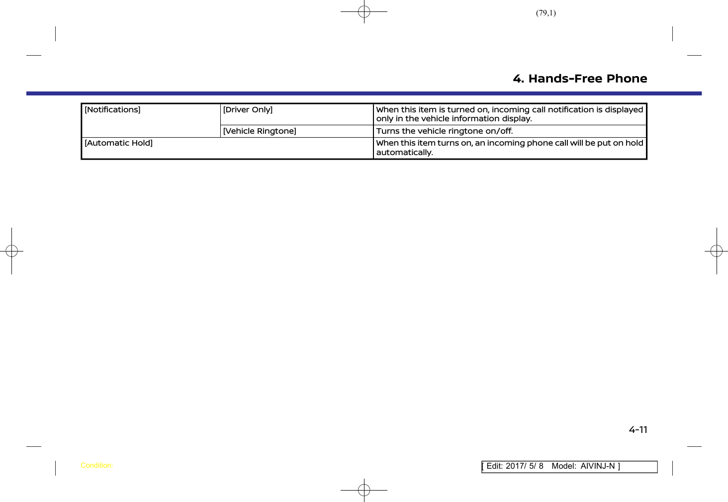 (79,1)[ Edit: 2017/ 5/ 8 Model: AIVINJ-N ][Notifications] [Driver Only] When this item is turned on, incoming call notification is displayedonly in the vehicle information display.[Vehicle Ringtone] Turns the vehicle ringtone on/off.[Automatic Hold] When this item turns on, an incoming phone call will be put on holdautomatically.4. Hands-Free PhoneCondition:4-11