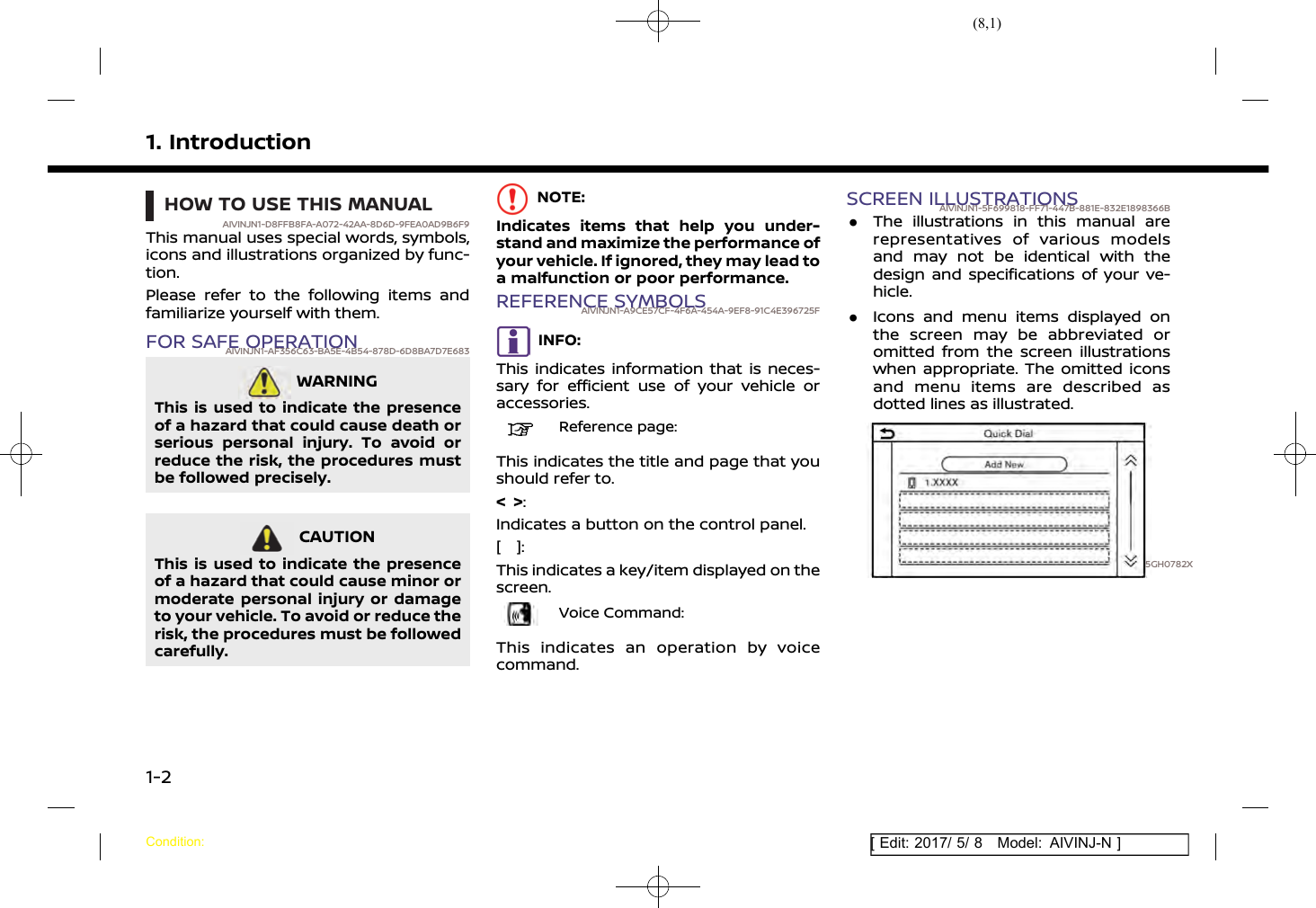 (8,1)[ Edit: 2017/ 5/ 8 Model: AIVINJ-N ]1. IntroductionHOW TO USE THIS MANUALAIVINJN1-D8FFB8FA-A072-42AA-8D6D-9FEA0AD9B6F9This manual uses special words, symbols,icons and illustrations organized by func-tion.Please refer to the following items andfamiliarize yourself with them.FOR SAFE OPERATIONAIVINJN1-AF356C63-BA5E-4B54-878D-6D8BA7D7E683WARNINGAIVINJN1-F375076F-362A-4309-A800-D1D6C6376A66This is used to indicate the presenceof a hazard that could cause death orserious personal injury. To avoid orreduce the risk, the procedures mustbe followed precisely.CAUTIONAIVINJN1-FFAF409C-10E2-45AA-BD7F-A8B0005F7083This is used to indicate the presenceof a hazard that could cause minor ormoderate personal injury or damageto your vehicle. To avoid or reduce therisk, the procedures must be followedcarefully.NOTE:Indicates items that help you under-stand and maximize the performance ofyour vehicle. If ignored, they may lead toa malfunction or poor performance.REFERENCE SYMBOLSAIVINJN1-A9CE57CF-4F6A-454A-9EF8-91C4E396725FINFO:This indicates information that is neces-sary for efficient use of your vehicle oraccessories.Reference page:This indicates the title and page that youshould refer to.&lt; &gt;:Indicates a button on the control panel.[ ]:This indicates a key/item displayed on thescreen.Voice Command:This indicates an operation by voicecommand.SCREEN ILLUSTRATIONSAIVINJN1-5F699818-FF71-447B-881E-832E1898366B.The illustrations in this manual arerepresentatives of various modelsand may not be identical with thedesign and specifications of your ve-hicle..Icons and menu items displayed onthe screen may be abbreviated oromitted from the screen illustrationswhen appropriate. The omitted iconsand menu items are described asdotted lines as illustrated.5GH0782XCondition:1-2