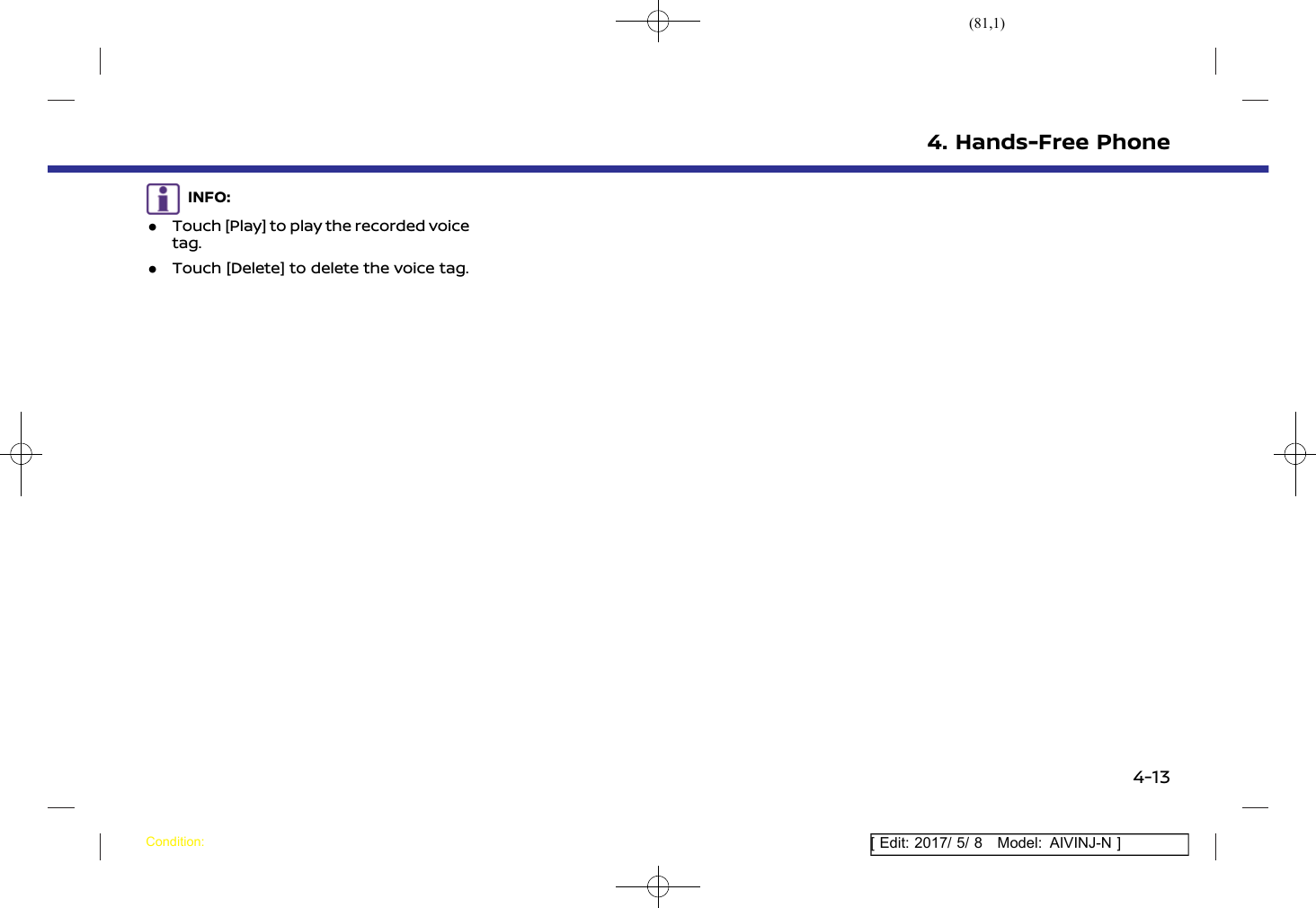(81,1)[ Edit: 2017/ 5/ 8 Model: AIVINJ-N ]INFO:.Touch [Play] to play the recorded voicetag..Touch [Delete] to delete the voice tag.4. Hands-Free PhoneCondition:4-13