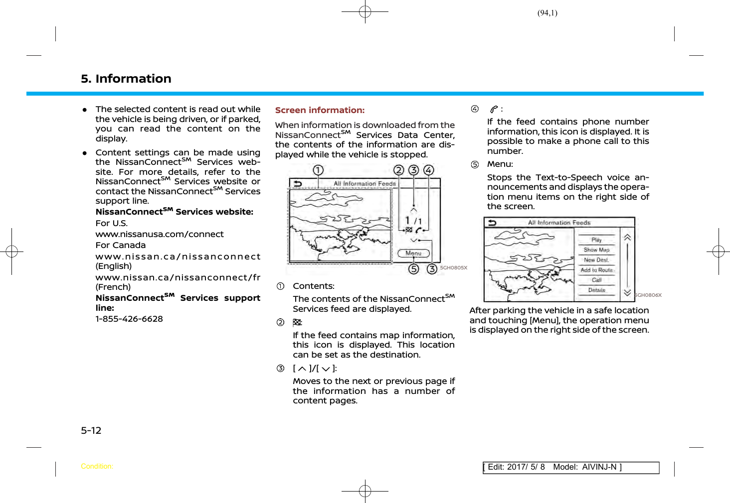 (94,1)[ Edit: 2017/ 5/ 8 Model: AIVINJ-N ]5. Information.The selected content is read out whilethe vehicle is being driven, or if parked,you can read the content on thedisplay..Content settings can be made usingthe NissanConnectSMServices web-site. For more details, refer to theNissanConnectSMServices website orcontact the NissanConnectSMServicessupport line.NissanConnectSMServices website:For U.S.www.nissanusa.com/connectFor Canadawww.nissan.ca/nissanconnect(English)www.nissan.ca/nissanconnect/fr(French)NissanConnectSMServices supportline:1-855-426-6628Screen information:When information is downloaded from theNissanConnectSMServices Data Center,the contents of the information are dis-played while the vehicle is stopped.5GH0805XContents:The contents of the NissanConnectSMServices feed are displayed.:If the feed contains map information,this icon is displayed. This locationcan be set as the destination.[ ]/[ ]:Moves to the next or previous page ifthe information has a number ofcontent pages.:If the feed contains phone numberinformation, this icon is displayed. It ispossible to make a phone call to thisnumber.Menu:Stops the Text-to-Speech voice an-nouncements and displays the opera-tion menu items on the right side ofthe screen.5GH0806XAfter parking the vehicle in a safe locationand touching [Menu], the operation menuis displayed on the right side of the screen.Condition:5-12