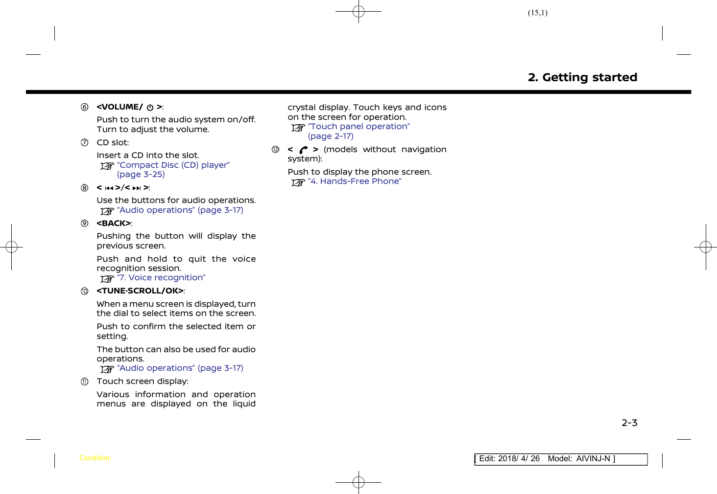 (15,1)[ Edit: 2018/ 4/ 26 Model: AIVINJ-N ]&lt;VOLUME/ &gt;:Push to turn the audio system on/off.Turn to adjust the volume.CD slot:Insert a CD into the slot.“Compact Disc (CD) player”(page 3-25)&lt; &gt;/&lt; &gt;:Use the buttons for audio operations.“Audio operations” (page 3-17)&lt;BACK&gt;:Pushing the button will display theprevious screen.Push and hold to quit the voicerecognition session.“7. Voice recognition”&lt;TUNE·SCROLL/OK&gt;:When a menu screen is displayed, turnthe dial to select items on the screen.Push to confirm the selected item orsetting.The button can also be used for audiooperations.“Audio operations” (page 3-17)Touch screen display:Various information and operationmenus are displayed on the liquidcrystal display. Touch keys and iconson the screen for operation.“Touch panel operation”(page 2-17)&lt; &gt; (models without navigationsystem):Push to display the phone screen.“4. Hands-Free Phone”2. Getting startedCondition:2-3