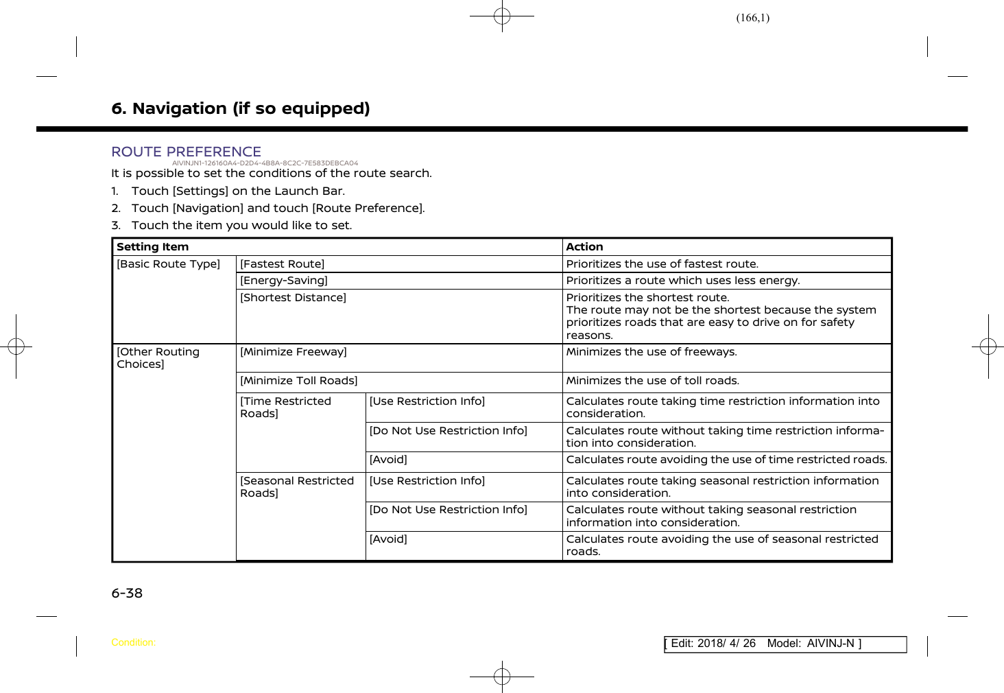 (166,1)[ Edit: 2018/ 4/ 26 Model: AIVINJ-N ]6. Navigation (if so equipped)ROUTE PREFERENCEAIVINJN1-126160A4-D2D4-4B8A-8C2C-7E583DEBCA04It is possible to set the conditions of the route search.1. Touch [Settings] on the Launch Bar.2. Touch [Navigation] and touch [Route Preference].3. Touch the item you would like to set.Setting Item Action[Basic Route Type] [Fastest Route] Prioritizes the use of fastest route.[Energy-Saving] Prioritizes a route which uses less energy.[Shortest Distance] Prioritizes the shortest route.The route may not be the shortest because the systemprioritizes roads that are easy to drive on for safetyreasons.[Other RoutingChoices][Minimize Freeway] Minimizes the use of freeways.[Minimize Toll Roads] Minimizes the use of toll roads.[Time RestrictedRoads][Use Restriction Info] Calculates route taking time restriction information intoconsideration.[Do Not Use Restriction Info] Calculates route without taking time restriction informa-tion into consideration.[Avoid] Calculates route avoiding the use of time restricted roads.[Seasonal RestrictedRoads][Use Restriction Info] Calculates route taking seasonal restriction informationinto consideration.[Do Not Use Restriction Info] Calculates route without taking seasonal restrictioninformation into consideration.[Avoid] Calculates route avoiding the use of seasonal restrictedroads.Condition:6-38