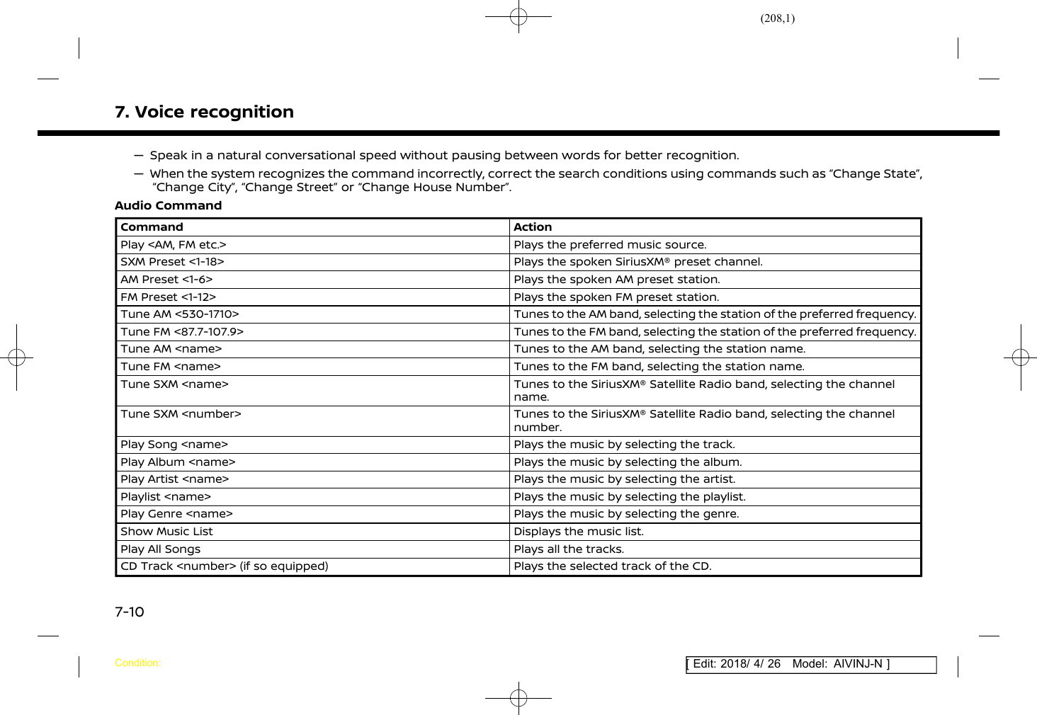 (208,1)[ Edit: 2018/ 4/ 26 Model: AIVINJ-N ]7. Voice recognition— Speak in a natural conversational speed without pausing between words for better recognition.— When the system recognizes the command incorrectly, correct the search conditions using commands such as “Change State”,“Change City”, “Change Street” or “Change House Number”.Audio CommandCommand ActionPlay &lt;AM, FM etc.&gt; Plays the preferred music source.SXM Preset &lt;1-18&gt; Plays the spoken SiriusXM® preset channel.AM Preset &lt;1-6&gt; Plays the spoken AM preset station.FM Preset &lt;1-12&gt; Plays the spoken FM preset station.Tune AM &lt;530-1710&gt; Tunes to the AM band, selecting the station of the preferred frequency.Tune FM &lt;87.7-107.9&gt; Tunes to the FM band, selecting the station of the preferred frequency.Tune AM &lt;name&gt; Tunes to the AM band, selecting the station name.Tune FM &lt;name&gt; Tunes to the FM band, selecting the station name.Tune SXM &lt;name&gt; Tunes to the SiriusXM® Satellite Radio band, selecting the channelname.Tune SXM &lt;number&gt; Tunes to the SiriusXM® Satellite Radio band, selecting the channelnumber.Play Song &lt;name&gt; Plays the music by selecting the track.Play Album &lt;name&gt; Plays the music by selecting the album.Play Artist &lt;name&gt; Plays the music by selecting the artist.Playlist &lt;name&gt; Plays the music by selecting the playlist.Play Genre &lt;name&gt; Plays the music by selecting the genre.Show Music List Displays the music list.Play All Songs Plays all the tracks.CD Track &lt;number&gt; (if so equipped) Plays the selected track of the CD.Condition:7-10