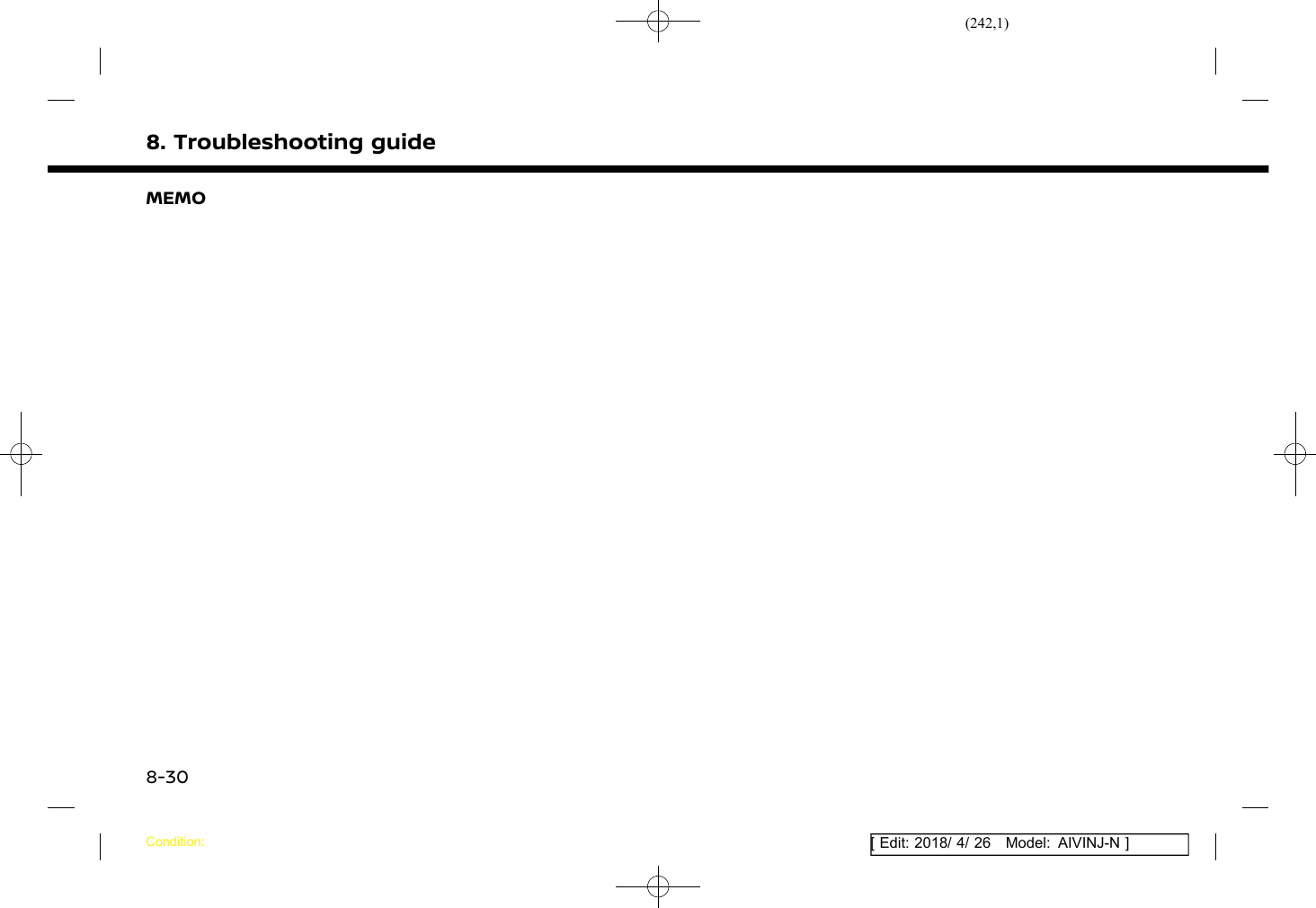 (242,1)[ Edit: 2018/ 4/ 26 Model: AIVINJ-N ]8. Troubleshooting guideMEMOCondition:8-30