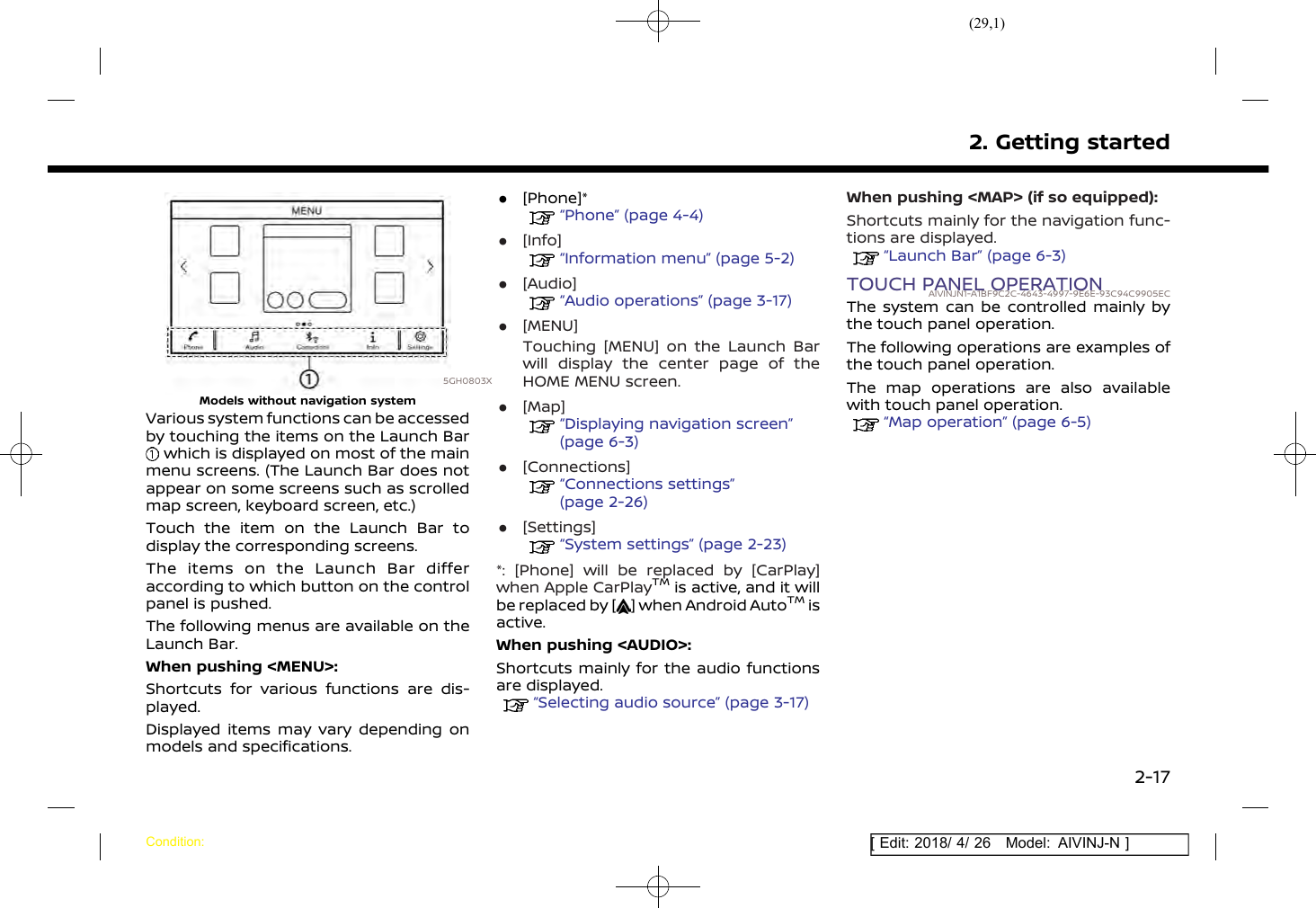 (29,1)[ Edit: 2018/ 4/ 26 Model: AIVINJ-N ]5GH0803XModels without navigation systemVarious system functions can be accessedby touching the items on the Launch Barwhich is displayed on most of the mainmenu screens. (The Launch Bar does notappear on some screens such as scrolledmap screen, keyboard screen, etc.)Touch the item on the Launch Bar todisplay the corresponding screens.The items on the Launch Bar differaccording to which button on the controlpanel is pushed.The following menus are available on theLaunch Bar.When pushing &lt;MENU&gt;:Shortcuts for various functions are dis-played.Displayed items may vary depending onmodels and specifications..[Phone]*“Phone” (page 4-4).[Info]“Information menu” (page 5-2).[Audio]“Audio operations” (page 3-17).[MENU]Touching [MENU] on the Launch Barwill display the center page of theHOME MENU screen..[Map]“Displaying navigation screen”(page 6-3).[Connections]“Connections settings”(page 2-26).[Settings]“System settings” (page 2-23)*: [Phone] will be replaced by [CarPlay]when Apple CarPlayTMis active, and it willbe replaced by [ ] when Android AutoTMisactive.When pushing &lt;AUDIO&gt;:Shortcuts mainly for the audio functionsare displayed.“Selecting audio source” (page 3-17)When pushing &lt;MAP&gt; (if so equipped):Shortcuts mainly for the navigation func-tions are displayed.“Launch Bar” (page 6-3)TOUCH PANEL OPERATIONAIVINJN1-A1BF9C2C-4643-4997-9E6E-93C94C9905ECThe system can be controlled mainly bythe touch panel operation.The following operations are examples ofthe touch panel operation.The map operations are also availablewith touch panel operation.“Map operation” (page 6-5)2. Getting startedCondition:2-17