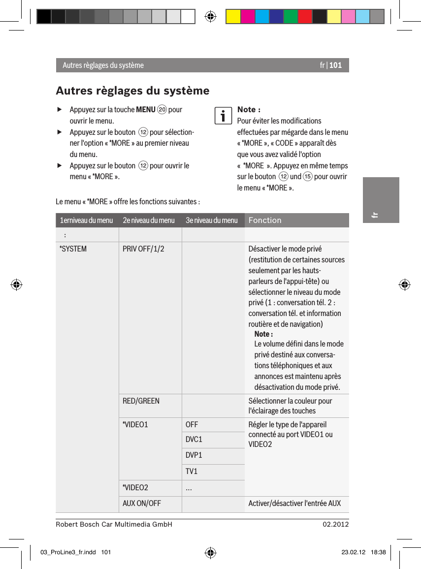 fr | 10102.2012Robert Bosch Car Multimedia GmbHfr fAppuyez sur la touche MENU D pour ouvrir le menu. fAppuyez sur le bouton  &lt; pour sélection-ner l&apos;option « *MORE » au premier niveau du menu. fAppuyez sur le bouton  &lt; pour ouvrir le menu « *MORE ».Note :Pour éviter les modiﬁcations effectuées par mégarde dans le menu « *MORE », « CODE » apparaît dès que vous avez validé l&apos;option «  *MORE  ». Appuyez en même temps sur le bouton  &lt; und ? pour ouvrir le menu « *MORE ».Autres règlages du systèmeAutres règlages du systèmeLe menu « *MORE » offre les fonctions suivantes :1erniveau du menu 2e niveau du menu 3e niveau du menu Fonction   :*SYSTEM PRIV OFF/1/2 Désactiver le mode privé (restitution de certaines sources seulement par les hauts-parleurs de l&apos;appui-tête) ou sélectionner le niveau du mode privé (1 : conversation tél. 2 : conversation tél. et information routière et de navigation)Note :Le volume déﬁni dans le mode privé destiné aux conversa-tions téléphoniques et aux annonces est maintenu après désactivation du mode privé.RED/GREEN Sélectionner la couleur pour l&apos;éclairage des touches*VIDEO1 OFF Régler le type de l&apos;appareil connecté au port VIDEO1 ou VIDEO2DVC1DVP1TV1*VIDEO2 ...AUX ON/OFF Activer/désactiver l&apos;entrée AUX03_ProLine3_fr.indd   101 23.02.12   18:38