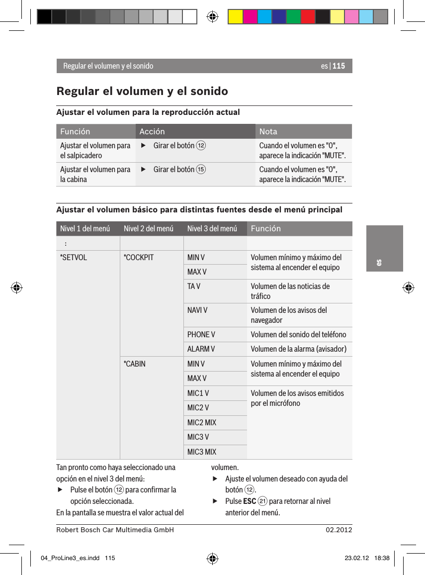 es | 11502.2012Robert Bosch Car Multimedia GmbHesRegular el volumen y el sonidoRegular el volumen y el sonidoAjustar el volumen para la reproducción actualFunción Acción NotaAjustar el volumen para el salpicadero fGirar el botón &lt;Cuando el volumen es &quot;0&quot;, aparece la indicación &quot;MUTE&quot;.Ajustar el volumen para la cabina fGirar el botón ?Cuando el volumen es &quot;0&quot;, aparece la indicación &quot;MUTE&quot;.Ajustar el volumen básico para distintas fuentes desde el menú principalNivel 1 del menú Nivel 2 del menú Nivel 3 del menú Función   :*SETVOL *COCKPIT MIN V Volumen mínimo y máximo del sistema al encender el equipoMAX VTA V Volumen de las noticias de tráﬁcoNAVI V Volumen de los avisos del navegadorPHONE V Volumen del sonido del teléfonoALARM V Volumen de la alarma (avisador)*CABIN MIN V Volumen mínimo y máximo del sistema al encender el equipoMAX VMIC1 V Volumen de los avisos emitidos por el micrófonoMIC2 VMIC2 MIXMIC3 VMIC3 MIXTan pronto como haya seleccionado una opción en el nivel 3 del menú: fPulse el botón &lt; para conﬁrmar la opción seleccionada.En la pantalla se muestra el valor actual del volumen. fAjuste el volumen deseado con ayuda del botón &lt;. fPulse ESC E para retornar al nivel anterior del menú.04_ProLine3_es.indd   115 23.02.12   18:38