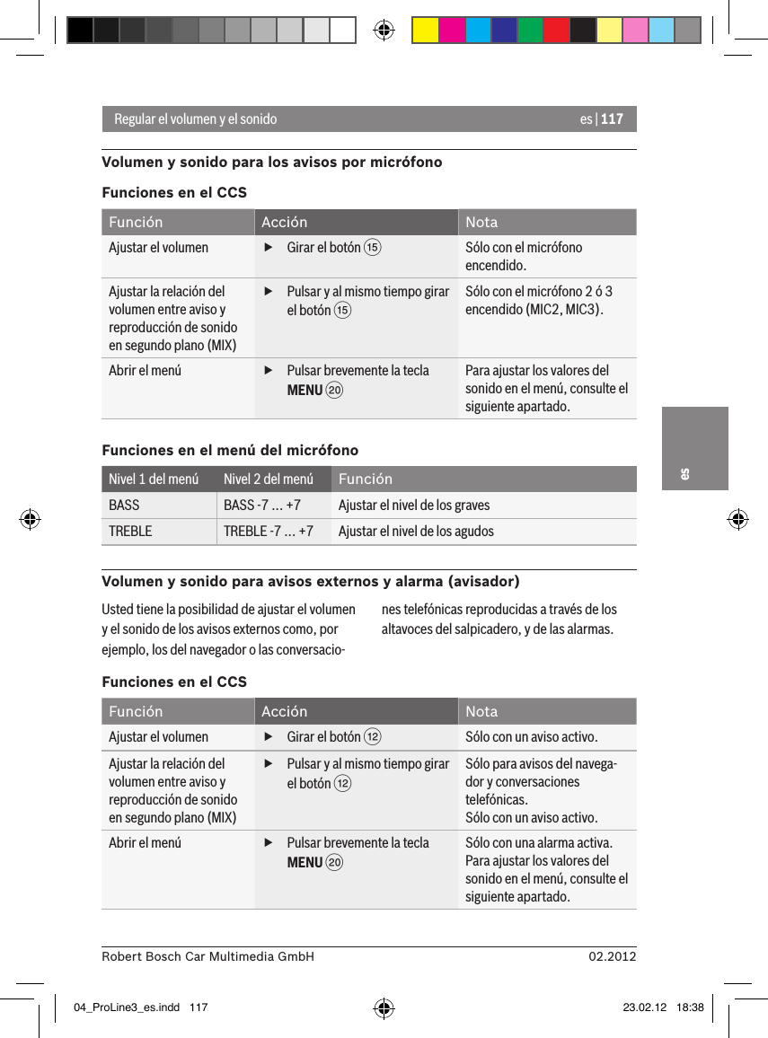 es | 11702.2012Robert Bosch Car Multimedia GmbHesRegular el volumen y el sonidoVolumen y sonido para los avisos por micrófonoFunciones en el CCSFunción Acción NotaAjustar el volumen  fGirar el botón ?Sólo con el micrófono encendido.Ajustar la relación del volumen entre aviso y reproducción de sonido en segundo plano (MIX) fPulsar y al mismo tiempo girar el botón ?Sólo con el micrófono 2 ó 3 encendido (MIC2, MIC3).Abrir el menú  fPulsar brevemente la tecla MENU DPara ajustar los valores del sonido en el menú, consulte el siguiente apartado.Funciones en el menú del micrófonoNivel 1 del menú Nivel 2 del menú FunciónBASS BASS -7 ... +7 Ajustar el nivel de los gravesTREBLE TREBLE -7 ... +7 Ajustar el nivel de los agudosVolumen y sonido para avisos externos y alarma (avisador)Usted tiene la posibilidad de ajustar el volumen y el sonido de los avisos externos como, por ejemplo, los del navegador o las conversacio-nes telefónicas reproducidas a través de los altavoces del salpicadero, y de las alarmas.Funciones en el CCSFunción Acción NotaAjustar el volumen  fGirar el botón &lt;Sólo con un aviso activo.Ajustar la relación del volumen entre aviso y reproducción de sonido en segundo plano (MIX) fPulsar y al mismo tiempo girar el botón &lt;Sólo para avisos del navega-dor y conversaciones telefónicas.Sólo con un aviso activo.Abrir el menú  fPulsar brevemente la tecla MENU DSólo con una alarma activa. Para ajustar los valores del sonido en el menú, consulte el siguiente apartado.04_ProLine3_es.indd   117 23.02.12   18:38