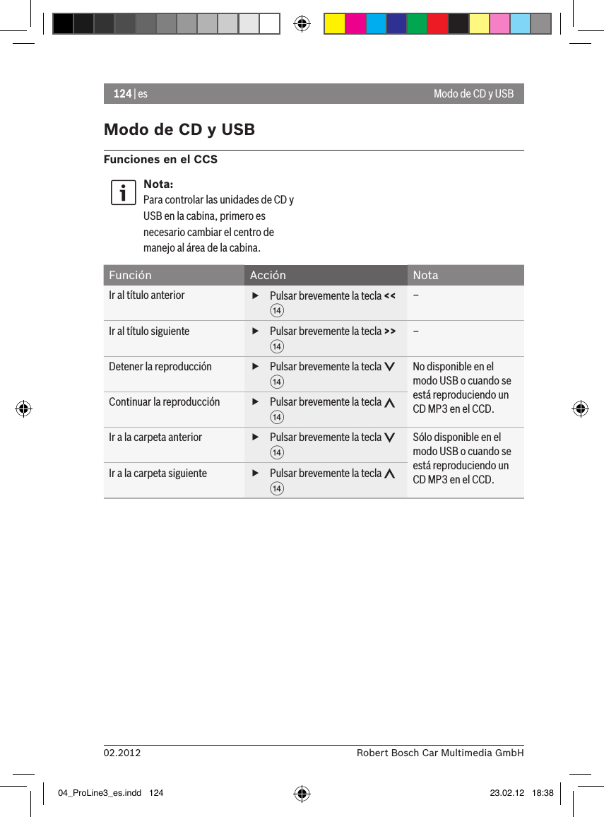 124 | es02.2012 Robert Bosch Car Multimedia GmbHModo de CD y USBFunciones en el CCSNota:Para controlar las unidades de CD y USB en la cabina, primero es necesario cambiar el centro de manejo al área de la cabina.Función Acción NotaIr al título anterior  fPulsar brevemente la tecla &lt;&lt; &gt;–Ir al título siguiente  fPulsar brevemente la tecla &gt;&gt; &gt;–Detener la reproducción  fPulsar brevemente la tecla   &gt;No disponible en el modo USB o cuando se está reproduciendo un CD MP3 en el CCD.Continuar la reproducción  fPulsar brevemente la tecla   &gt;Ir a la carpeta anterior  fPulsar brevemente la tecla   &gt;Sólo disponible en el modo USB o cuando se está reproduciendo un CD MP3 en el CCD.Ir a la carpeta siguiente  fPulsar brevemente la tecla   &gt;Modo de CD y USB04_ProLine3_es.indd   124 23.02.12   18:38