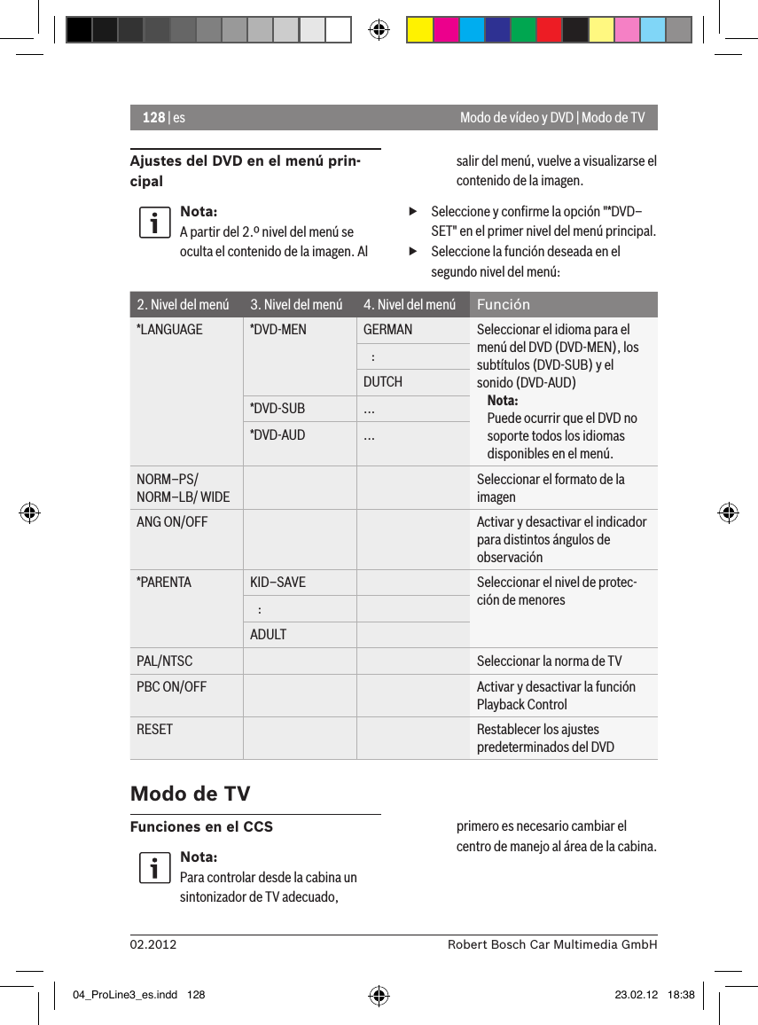 128 | es02.2012 Robert Bosch Car Multimedia GmbH2. Nivel del menú 3. Nivel del menú 4. Nivel del menú Función*LANGUAGE *DVD-MEN GERMAN Seleccionar el idioma para el menú del DVD (DVD-MEN), los subtítulos (DVD-SUB) y el sonido (DVD-AUD)Nota:Puede ocurrir que el DVD no soporte todos los idiomas disponibles en el menú.   :DUTCH*DVD-SUB ...*DVD-AUD ...NORM–PS/ NORM–LB/ WIDESeleccionar el formato de la imagenANG ON/OFF Activar y desactivar el indicador para distintos ángulos de observación*PARENTA KID–SAVE Seleccionar el nivel de protec-ción de menores   :ADULTPAL/NTSC Seleccionar la norma de TVPBC ON/OFF Activar y desactivar la función Playback ControlRESET Restablecer los ajustes predeterminados del DVDModo de TVModo de vídeo y DVD | Modo de TVFunciones en el CCSNota:Para controlar desde la cabina un sintonizador de TV adecuado, primero es necesario cambiar el centro de manejo al área de la cabina.Ajustes del DVD en el menú prin-cipalNota:A partir del 2.º nivel del menú se oculta el contenido de la imagen. Al salir del menú, vuelve a visualizarse el contenido de la imagen. fSeleccione y conﬁrme la opción &quot;*DVD–SET&quot; en el primer nivel del menú principal. fSeleccione la función deseada en el segundo nivel del menú:04_ProLine3_es.indd   128 23.02.12   18:38