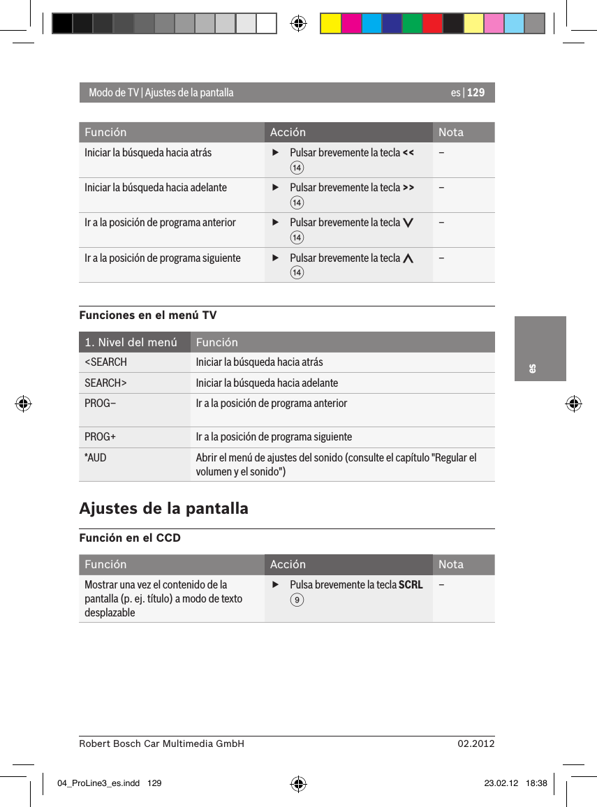 es | 12902.2012Robert Bosch Car Multimedia GmbHesModo de TV | Ajustes de la pantallaFunción Acción NotaIniciar la búsqueda hacia atrás  fPulsar brevemente la tecla &lt;&lt; &gt;–Iniciar la búsqueda hacia adelante  fPulsar brevemente la tecla &gt;&gt; &gt;–Ir a la posición de programa anterior  fPulsar brevemente la tecla   &gt;–Ir a la posición de programa siguiente  fPulsar brevemente la tecla   &gt;–Funciones en el menú TV1. Nivel del menú Función&lt;SEARCH Iniciar la búsqueda hacia atrásSEARCH&gt; Iniciar la búsqueda hacia adelantePROG– Ir a la posición de programa anteriorPROG+ Ir a la posición de programa siguiente*AUD Abrir el menú de ajustes del sonido (consulte el capítulo &quot;Regular el volumen y el sonido&quot;)Ajustes de la pantallaFunción en el CCDFunción Acción NotaMostrar una vez el contenido de la pantalla (p. ej. título) a modo de texto desplazable fPulsa brevemente la tecla SCRL 9–04_ProLine3_es.indd   129 23.02.12   18:38