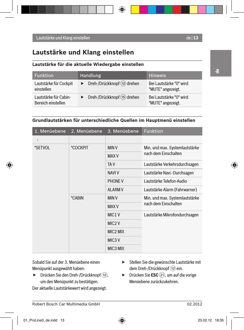 de | 1302.2012Robert Bosch Car Multimedia GmbHdeLautstärke und Klang einstellenLautstärke und Klang einstellenLautstärke für die aktuelle Wiedergabe einstellenFunktion Handlung HinweisLautstärke für Cockpit einstellen fDreh-/Drückknopf &lt; drehen Bei Lautstärke &quot;0&quot; wird &quot;MUTE&quot; angezeigt.Lautstärke für Cabin-Bereich einstellen fDreh-/Drückknopf ? drehen Bei Lautstärke &quot;0&quot; wird &quot;MUTE&quot; angezeigt.Grundlautstärken für unterschiedliche Quellen im Hauptmenü einstellen1. Menüebene 2. Menüebene 3. Menüebene Funktion   :*SETVOL *COCKPIT MIN V Min. und max. Systemlautstärke nach dem EinschaltenMAX VTA V Lautstärke VerkehrsdurchsagenNAVI V Lautstärke Navi.-DurchsagenPHONE V Lautstärke Telefon-AudioALARM V Lautstärke Alarm (Fahrwarner)*CABIN MIN V Min. und max. Systemlautstärke nach dem EinschaltenMAX VMIC1 V Lautstärke MikrofondurchsagenMIC2 VMIC2 MIXMIC3 VMIC3 MIXSobald Sie auf der 3. Menüebene einen Menüpunkt ausgewählt haben: fDrücken Sie den Dreh-/Drückknopf &lt;, um den Menüpunkt zu bestätigen.Der aktuelle Lautstärkewert wird angezeigt. fStellen Sie die gewünschte Lautstärke mit dem Dreh-/Drückknopf &lt; ein. fDrücken Sie ESC E, um auf die vorige Menüebene zurückzukehren.01_ProLine3_de.indd   13 23.02.12   18:35