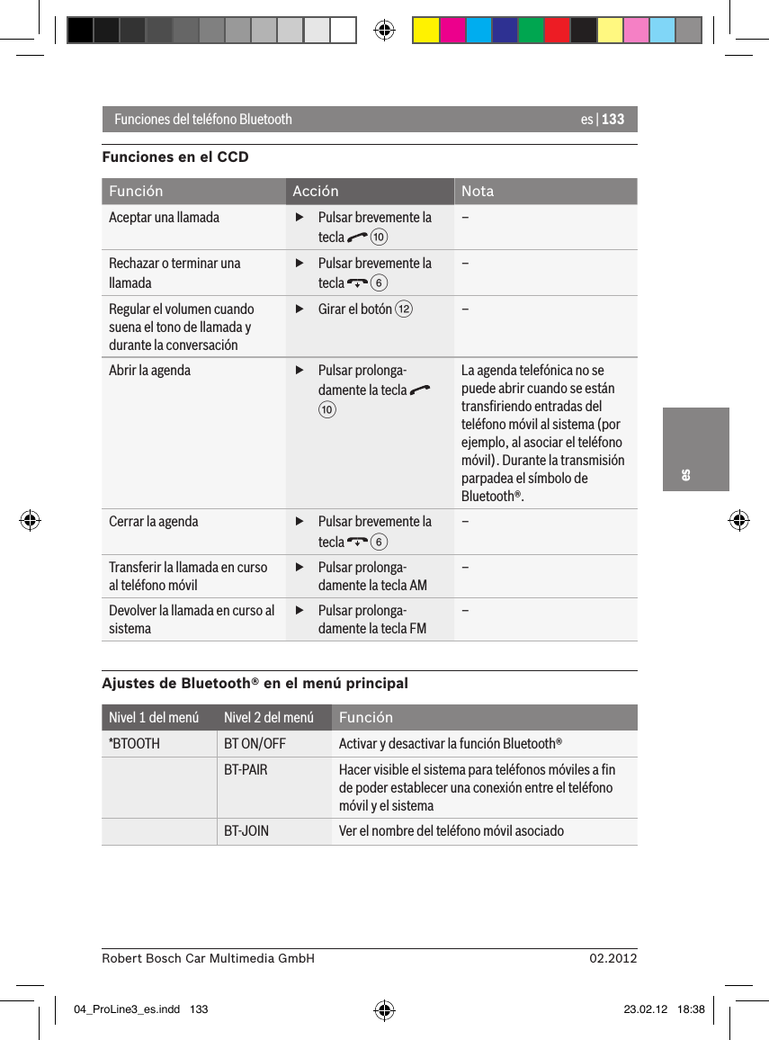 es | 13302.2012Robert Bosch Car Multimedia GmbHesFunciones del teléfono BluetoothFunciones en el CCDFunción Acción NotaAceptar una llamada  fPulsar brevemente la tecla   :–Rechazar o terminar una llamada fPulsar brevemente la tecla   6–Regular el volumen cuando suena el tono de llamada y durante la conversación fGirar el botón &lt;–Abrir la agenda  fPulsar prolonga-damente la tecla   :La agenda telefónica no se puede abrir cuando se están transﬁriendo entradas del teléfono móvil al sistema (por ejemplo, al asociar el teléfono móvil). Durante la transmisión parpadea el símbolo de Bluetooth®.Cerrar la agenda  fPulsar brevemente la tecla   6–Transferir la llamada en curso al teléfono móvil fPulsar prolonga-damente la tecla AM–Devolver la llamada en curso al sistema fPulsar prolonga-damente la tecla FM–Ajustes de Bluetooth® en el menú principalNivel 1 del menú Nivel 2 del menú Función*BTOOTH BT ON/OFF Activar y desactivar la función Bluetooth®BT-PAIR Hacer visible el sistema para teléfonos móviles a ﬁn de poder establecer una conexión entre el teléfono móvil y el sistemaBT-JOIN Ver el nombre del teléfono móvil asociado04_ProLine3_es.indd   133 23.02.12   18:38