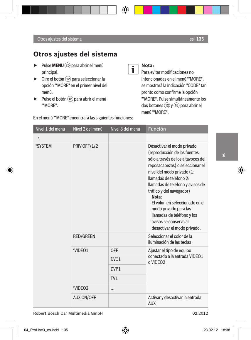 es | 13502.2012Robert Bosch Car Multimedia GmbHes fPulse MENU D para abrir el menú principal. fGire el botón &lt; para seleccionar la opción &quot;*MORE&quot; en el primer nivel del menú. fPulse el botón &lt; para abrir el menú &quot;*MORE&quot;.Nota:Para evitar modiﬁcaciones no intencionadas en el menú &quot;*MORE&quot;, se mostrará la indicación &quot;CODE&quot; tan pronto como conﬁrme la opción &quot;*MORE&quot;. Pulse simultáneamente los dos botones &lt; y ? para abrir el menú &quot;*MORE&quot;.Otros ajustes del sistemaOtros ajustes del sistemaEn el menú &quot;*MORE&quot; encontrará las siguientes funciones:Nivel 1 del menú Nivel 2 del menú Nivel 3 del menú Función   :*SYSTEM PRIV OFF/1/2 Desactivar el modo privado (reproducción de las fuentes sólo a través de los altavoces del reposacabezas) o seleccionar el nivel del modo privado (1: llamadas de teléfono 2: llamadas de teléfono y avisos de tráﬁco y del navegador)Nota:El volumen seleccionado en el modo privado para las llamadas de teléfono y los avisos se conserva al desactivar el modo privado.RED/GREEN Seleccionar el color de la iluminación de las teclas*VIDEO1 OFF Ajustar el tipo de equipo conectado a la entrada VIDEO1 o VIDEO2DVC1DVP1TV1*VIDEO2 ...AUX ON/OFF Activar y desactivar la entrada AUX04_ProLine3_es.indd   135 23.02.12   18:38