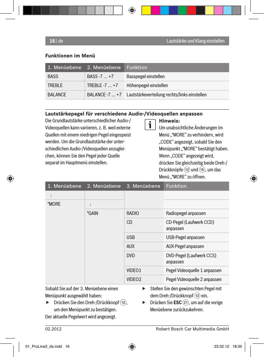 16 | de02.2012 Robert Bosch Car Multimedia GmbHFunktionen im Menü1. Menüebene 2. Menüebene FunktionBASS BASS -7 ... +7 Basspegel einstellenTREBLE TREBLE -7 ... +7 Höhenpegel einstellenBALANCE BALANCE -7 ... +7 Lautstärkeverteilung rechts/links einstellenLautstärkepegel für verschiedene Audio-/Videoquellen anpassenLautstärke und Klang einstellenDie Grundlautstärke unterschiedlicher Audio-/Videoquellen kann variieren, z. B. weil externe Quellen mit einem niedrigen Pegel eingespeist werden. Um die Grundlautstärke der unter-schiedlichen Audio-/Videoquellen anzuglei-chen, können Sie den Pegel jeder Quelle separat im Hauptmenü einstellen.Hinweis:Um unabsichtliche Änderungen im Menü „*MORE“ zu verhindern, wird „CODE“ angezeigt, sobald Sie den Menüpunkt „*MORE“ bestätigt haben. Wenn „CODE“ angezeigt wird, drücken Sie gleichzeitig beide Dreh-/Drückknöpfe &lt; und ?, um das Menü „*MORE“ zu öffnen.1. Menüebene 2. Menüebene 3. Menüebene Funktion   :*MORE    :*GAIN RADIO Radiopegel anpassenCD CD-Pegel (Laufwerk CCD) anpassenUSB USB-Pegel anpassenAUX AUX-Pegel anpassenDVD DVD-Pegel (Laufwerk CCS) anpassenVIDEO1 Pegel Videoquelle 1 anpassenVIDEO2 Pegel Videoquelle 2 anpassenSobald Sie auf der 3. Menüebene einen Menüpunkt ausgewählt haben: fDrücken Sie den Dreh-/Drückknopf &lt;, um den Menüpunkt zu bestätigen.Der aktuelle Pegelwert wird angezeigt. fStellen Sie den gewünschten Pegel mit dem Dreh-/Drückknopf &lt; ein. fDrücken Sie ESC E, um auf die vorige Menüebene zurückzukehren.01_ProLine3_de.indd   16 23.02.12   18:35