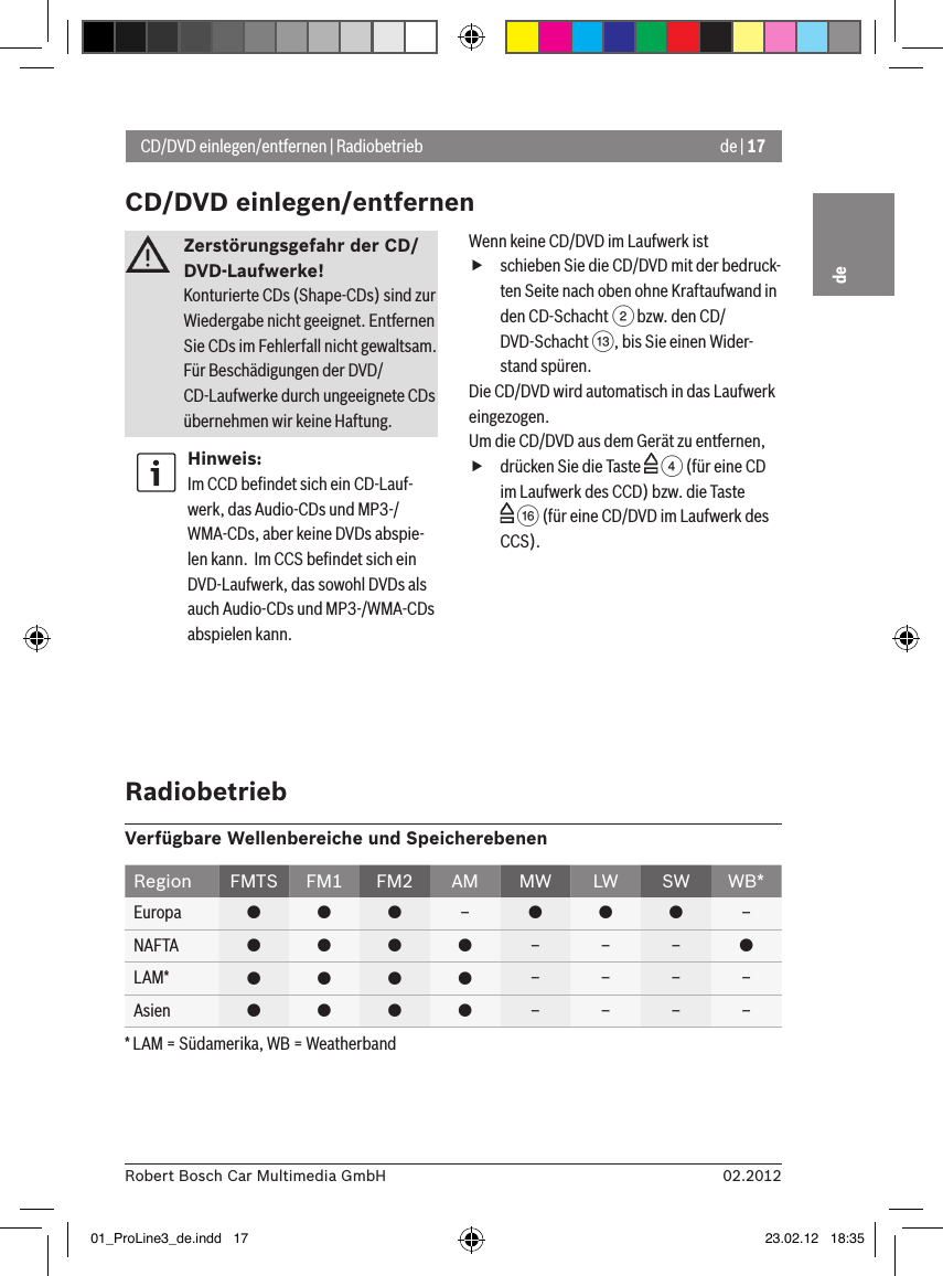 de | 1702.2012Robert Bosch Car Multimedia GmbHdeZerstörungsgefahr der CD/DVD-Laufwerke! Konturierte CDs (Shape-CDs) sind zur Wiedergabe nicht geeignet. Entfernen Sie CDs im Fehlerfall nicht gewaltsam.Für Beschädigungen der DVD/CD-Laufwerke durch ungeeignete CDs übernehmen wir keine Haftung.Hinweis:Im CCD beﬁndet sich ein CD-Lauf-werk, das Audio-CDs und MP3-/WMA-CDs, aber keine DVDs abspie-len kann.  Im CCS beﬁndet sich ein DVD-Laufwerk, das sowohl DVDs als auch Audio-CDs und MP3-/WMA-CDs abspielen kann.Wenn keine CD/DVD im Laufwerk ist fschieben Sie die CD/DVD mit der bedruck-ten Seite nach oben ohne Kraftaufwand in den CD-Schacht 2 bzw. den CD/DVD-Schacht =, bis Sie einen Wider-stand spüren.Die CD/DVD wird automatisch in das Laufwerk eingezogen.Um die CD/DVD aus dem Gerät zu entfernen, fdrücken Sie die Taste   4 (für eine CD im Laufwerk des CCD) bzw. die Taste  @ (für eine CD/DVD im Laufwerk des CCS).CD/DVD einlegen/entfernen | RadiobetriebCD/DVD einlegen/entfernenRadiobetriebVerfügbare Wellenbereiche und SpeicherebenenRegion FMTS FM1 FM2 AM MW LW SW WB*Europa    –   –NAFTA     – – – LAM*     – – – –Asien     – – – –* LAM = Südamerika, WB = Weatherband01_ProLine3_de.indd   17 23.02.12   18:35