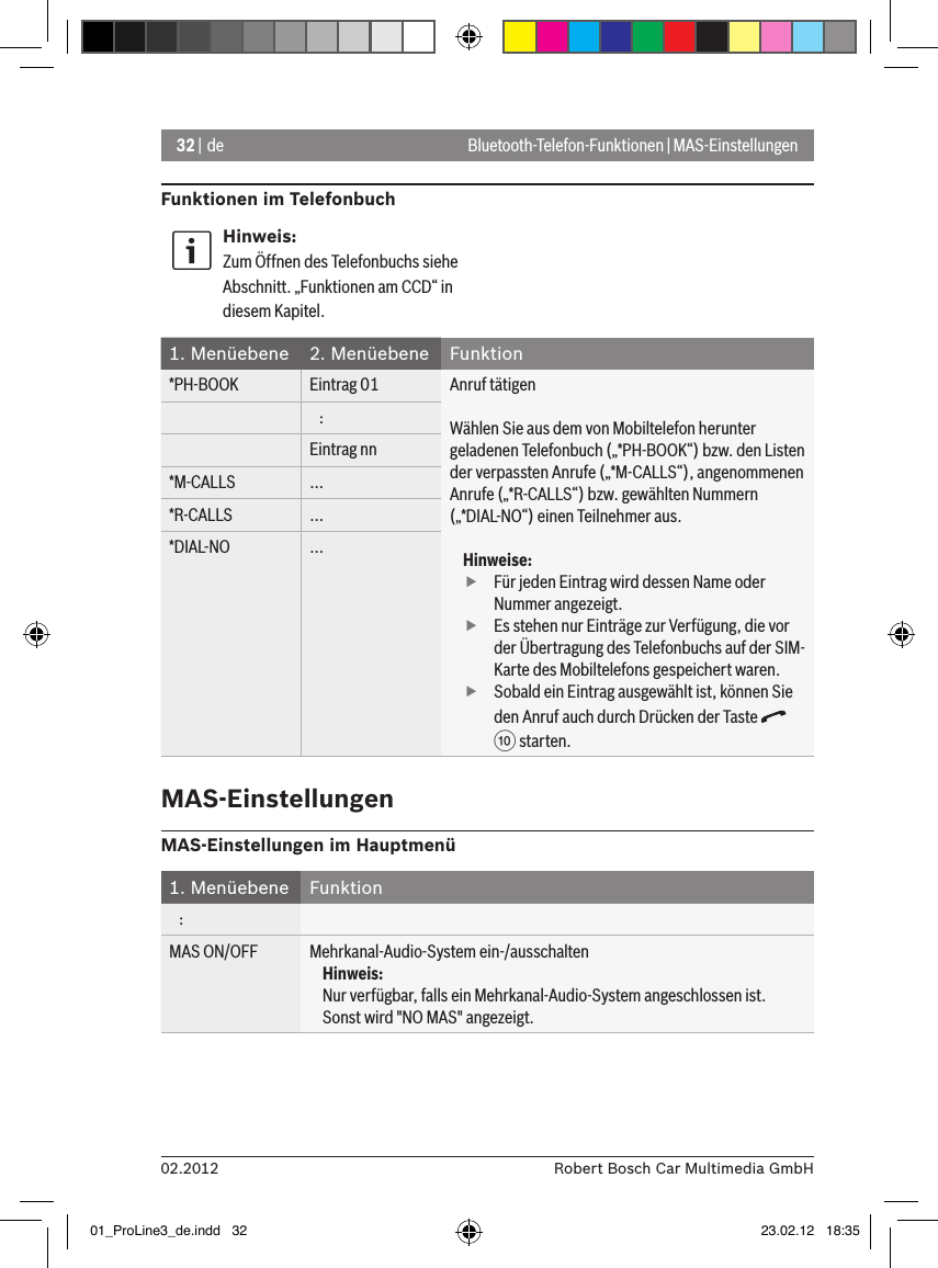 32 | de02.2012 Robert Bosch Car Multimedia GmbHBluetooth-Telefon-Funktionen | MAS-EinstellungenFunktionen im TelefonbuchHinweis:Zum Öffnen des Telefonbuchs siehe Abschnitt. „Funktionen am CCD“ in diesem Kapitel.1. Menüebene 2. Menüebene Funktion*PH-BOOK Eintrag 01 Anruf tätigenWählen Sie aus dem von Mobiltelefon herunter geladenen Telefonbuch („*PH-BOOK“) bzw. den Listen der verpassten Anrufe („*M-CALLS“), angenommenen Anrufe („*R-CALLS“) bzw. gewählten Nummern („*DIAL-NO“) einen Teilnehmer aus.Hinweise: fFür jeden Eintrag wird dessen Name oder Nummer angezeigt. fEs stehen nur Einträge zur Verfügung, die vor der Übertragung des Telefonbuchs auf der SIM-Karte des Mobiltelefons gespeichert waren. fSobald ein Eintrag ausgewählt ist, können Sie den Anruf auch durch Drücken der Taste   : starten.   :Eintrag nn*M-CALLS ...*R-CALLS ...*DIAL-NO ...MAS-EinstellungenMAS-Einstellungen im Hauptmenü1. Menüebene Funktion   :MAS ON/OFF Mehrkanal-Audio-System ein-/ausschaltenHinweis:Nur verfügbar, falls ein Mehrkanal-Audio-System angeschlossen ist. Sonst wird &quot;NO MAS&quot; angezeigt.01_ProLine3_de.indd   32 23.02.12   18:35