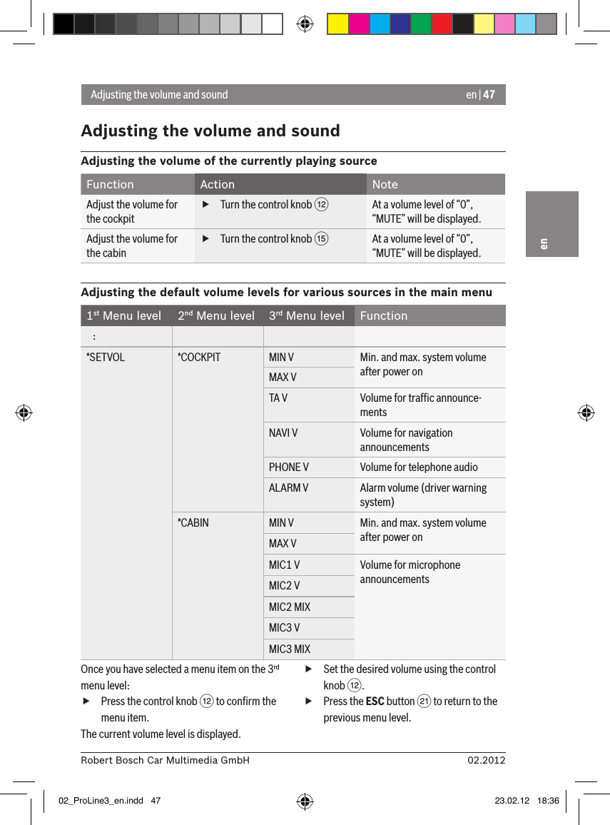 en | 4702.2012Robert Bosch Car Multimedia GmbHenAdjusting the volume and soundAdjusting the volume and soundAdjusting the volume of the currently playing sourceFunction Action NoteAdjust the volume for the cockpit fTurn the control knob &lt;At a volume level of “0”, “MUTE” will be displayed.Adjust the volume for the cabin fTurn the control knob ?At a volume level of “0”, “MUTE” will be displayed.Adjusting the default volume levels for various sources in the main menu1st Menu level 2nd Menu level 3rd Menu level Function   :*SETVOL *COCKPIT MIN V Min. and max. system volume after power onMAX VTA V Volume for trafﬁc announce-mentsNAVI V Volume for navigation announcementsPHONE V Volume for telephone audioALARM V Alarm volume (driver warning system)*CABIN MIN V Min. and max. system volume after power onMAX VMIC1 V Volume for microphone announcementsMIC2 VMIC2 MIXMIC3 VMIC3 MIXOnce you have selected a menu item on the 3rd menu level: fPress the control knob &lt; to conﬁrm the menu item.The current volume level is displayed. fSet the desired volume using the control knob &lt;. fPress the ESC button E to return to the previous menu level.02_ProLine3_en.indd   47 23.02.12   18:36