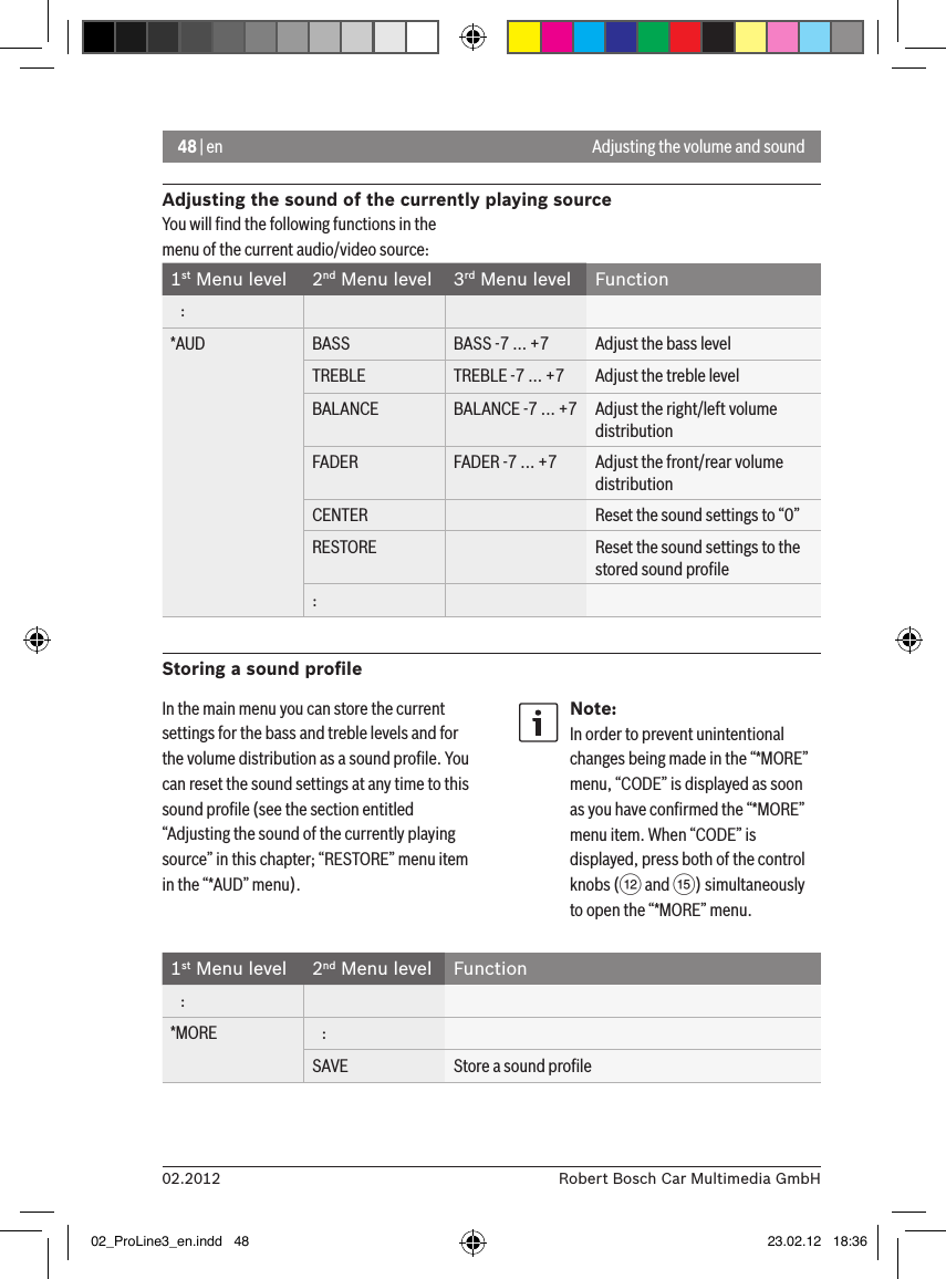 48 | en02.2012 Robert Bosch Car Multimedia GmbHAdjusting the sound of the currently playing sourceYou will ﬁnd the following functions in the menu of the current audio/video source:1st Menu level 2nd Menu level 3rd Menu level Function   :*AUD BASS BASS -7 ... +7 Adjust the bass levelTREBLE TREBLE -7 ... +7 Adjust the treble levelBALANCE BALANCE -7 ... +7 Adjust the right/left volume distributionFADER FADER -7 ... +7 Adjust the front/rear volume distributionCENTER Reset the sound settings to “0”RESTORE Reset the sound settings to the stored sound proﬁle:Storing a sound proﬁleAdjusting the volume and soundIn the main menu you can store the current settings for the bass and treble levels and for the volume distribution as a sound proﬁle. You can reset the sound settings at any time to this sound proﬁle (see the section entitled “Adjusting the sound of the currently playing source” in this chapter; “RESTORE” menu item in the “*AUD” menu).Note:In order to prevent unintentional changes being made in the “*MORE” menu, “CODE” is displayed as soon as you have conﬁrmed the “*MORE” menu item. When “CODE” is displayed, press both of the control knobs (&lt; and ?) simultaneously to open the “*MORE” menu.1st Menu level 2nd Menu level Function   :*MORE    :SAVE Store a sound proﬁle02_ProLine3_en.indd   48 23.02.12   18:36