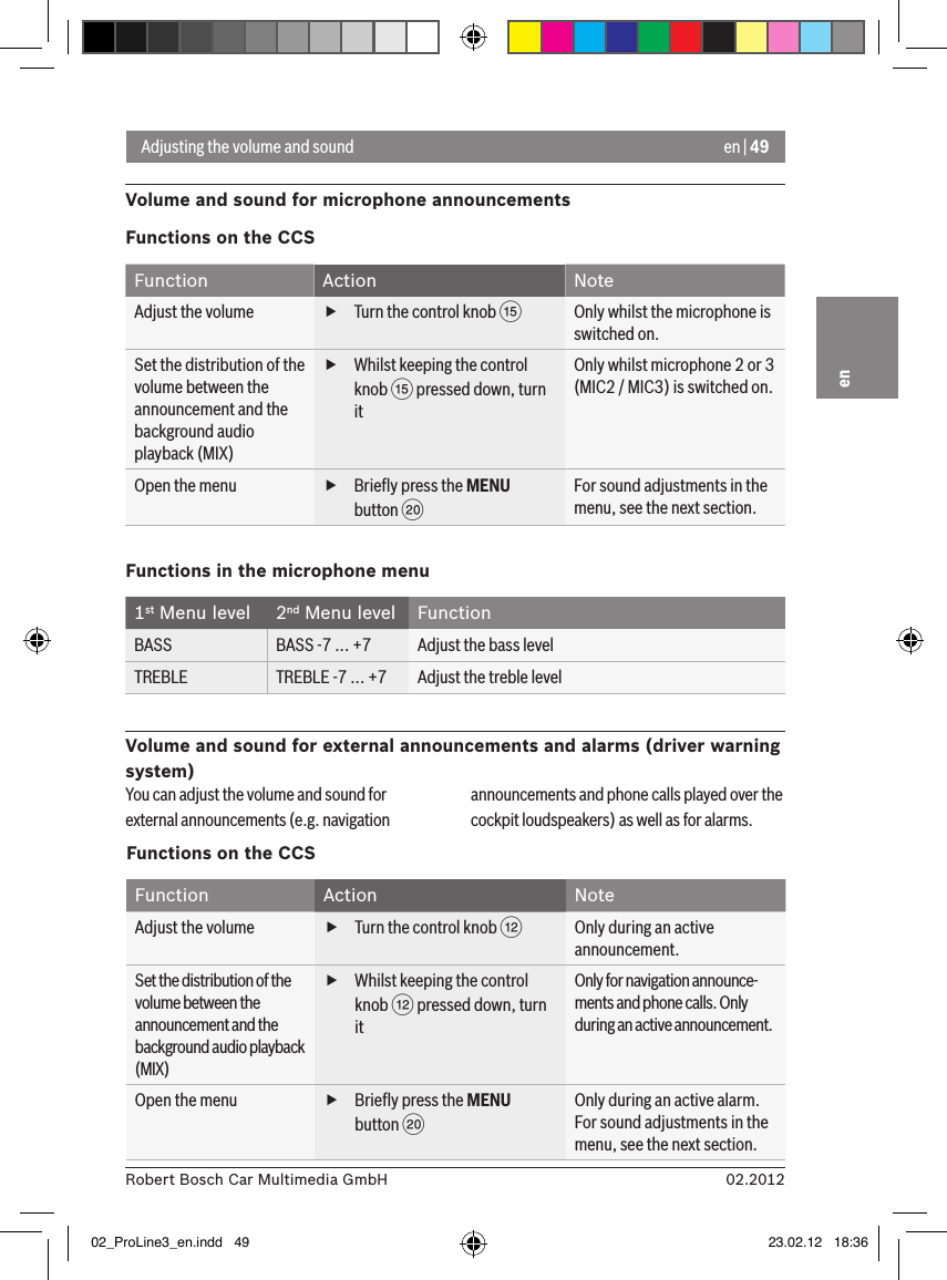en | 4902.2012Robert Bosch Car Multimedia GmbHenAdjusting the volume and soundVolume and sound for microphone announcementsFunctions on the CCSFunction Action NoteAdjust the volume  fTurn the control knob ?Only whilst the microphone is switched on.Set the distribution of the volume between the announcement and the background audio playback (MIX) fWhilst keeping the control knob ? pressed down, turn itOnly whilst microphone 2 or 3 (MIC2 / MIC3) is switched on.Open the menu  fBrieﬂy press the MENU button DFor sound adjustments in the menu, see the next section.Functions in the microphone menu1st Menu level 2nd Menu level FunctionBASS BASS -7 ... +7 Adjust the bass levelTREBLE TREBLE -7 ... +7 Adjust the treble levelVolume and sound for external announcements and alarms (driver warning system)You can adjust the volume and sound for external announcements (e.g. navigation announcements and phone calls played over the cockpit loudspeakers) as well as for alarms.Functions on the CCSFunction Action NoteAdjust the volume  fTurn the control knob &lt;Only during an active announcement.Set the distribution of the volume between the announcement and the background audio playback (MIX) fWhilst keeping the control knob &lt; pressed down, turn itOnly for navigation announce-ments and phone calls. Only during an active announcement.Open the menu  fBrieﬂy press the MENU button DOnly during an active alarm. For sound adjustments in the menu, see the next section.02_ProLine3_en.indd   49 23.02.12   18:36