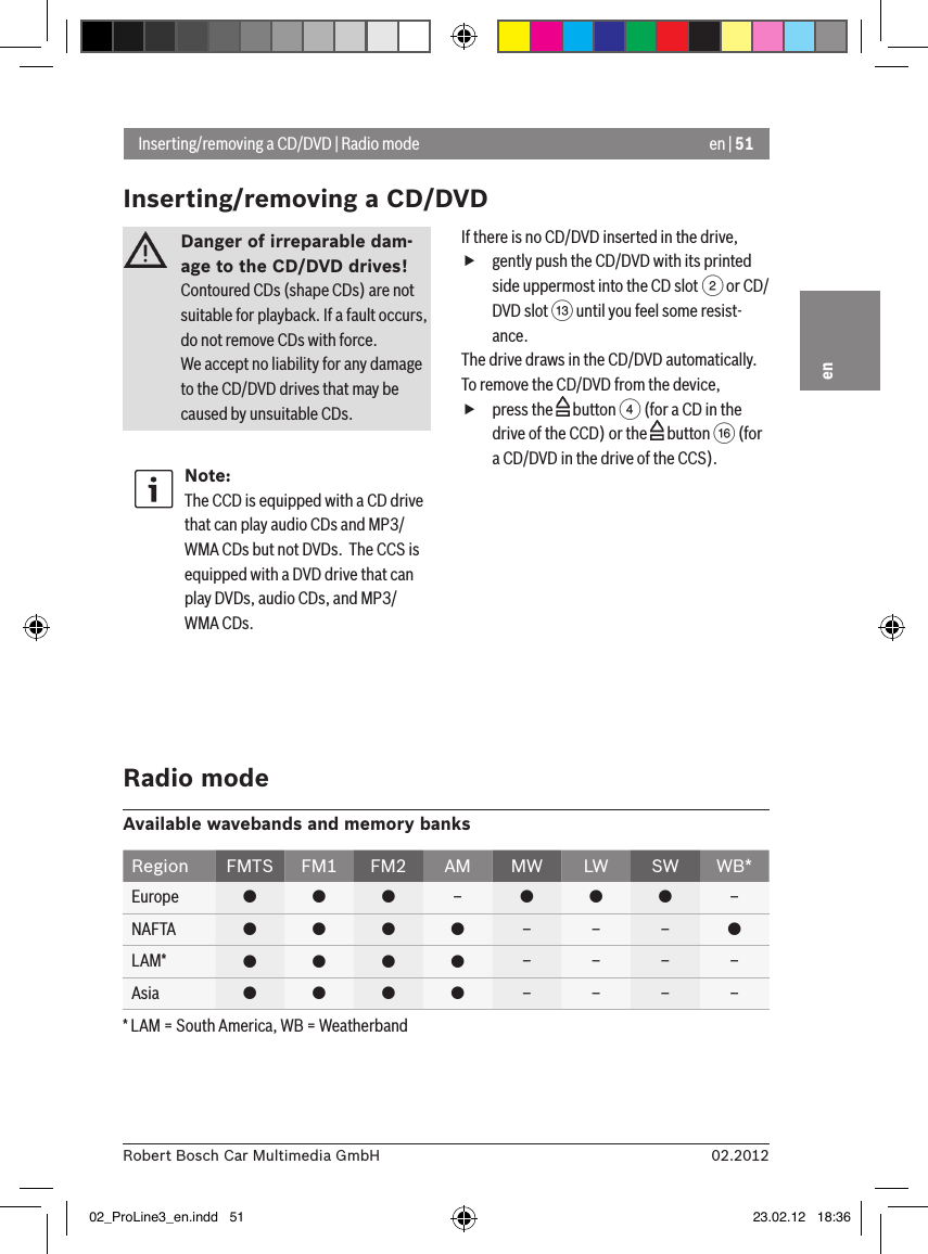 en | 5102.2012Robert Bosch Car Multimedia GmbHenDanger of irreparable dam-age to the CD/DVD drives! Contoured CDs (shape CDs) are not suitable for playback. If a fault occurs, do not remove CDs with force.We accept no liability for any damage to the CD/DVD drives that may be caused by unsuitable CDs.Note:The CCD is equipped with a CD drive that can play audio CDs and MP3/WMA CDs but not DVDs.  The CCS is equipped with a DVD drive that can play DVDs, audio CDs, and MP3/WMA CDs.If there is no CD/DVD inserted in the drive, fgently push the CD/DVD with its printed side uppermost into the CD slot 2 or CD/DVD slot = until you feel some resist-ance.The drive draws in the CD/DVD automatically.To remove the CD/DVD from the device, fpress the   button 4 (for a CD in the drive of the CCD) or the   button @ (for a CD/DVD in the drive of the CCS).Inserting/removing a CD/DVD | Radio modeInserting/removing a CD/DVDRadio modeAvailable wavebands and memory banksRegion FMTS FM1 FM2 AM MW LW SW WB*Europe    –   –NAFTA     – – – LAM*     – – – –Asia     – – – –* LAM = South America, WB = Weatherband02_ProLine3_en.indd   51 23.02.12   18:36