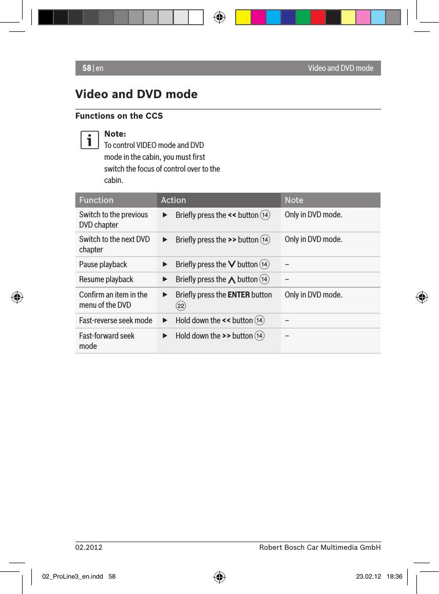 58 | en02.2012 Robert Bosch Car Multimedia GmbHVideo and DVD modeFunctions on the CCSNote:To control VIDEO mode and DVD mode in the cabin, you must ﬁrst switch the focus of control over to the cabin. Function Action NoteSwitch to the previous DVD chapter fBrieﬂy press the &lt;&lt; button &gt;Only in DVD mode.Switch to the next DVD chapter fBrieﬂy press the &gt;&gt; button &gt;Only in DVD mode.Pause playback  fBrieﬂy press the   button &gt;–Resume playback  fBrieﬂy press the   button &gt;–Conﬁrm an item in the menu of the DVD fBrieﬂy press the ENTER button FOnly in DVD mode.Fast-reverse seek mode  fHold down the &lt;&lt; button &gt;–Fast-forward seek mode fHold down the &gt;&gt; button &gt;–Video and DVD mode02_ProLine3_en.indd   58 23.02.12   18:36