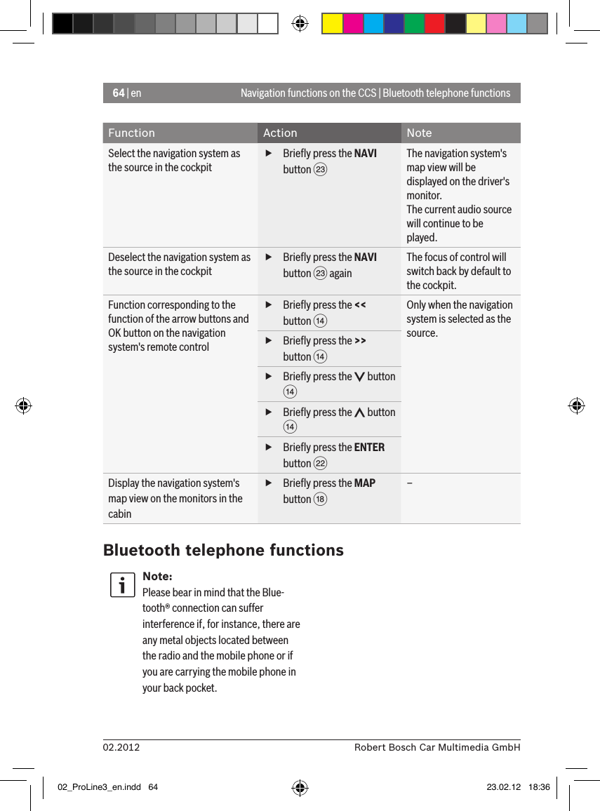 64 | en02.2012 Robert Bosch Car Multimedia GmbHNavigation functions on the CCS | Bluetooth telephone functionsFunction Action NoteSelect the navigation system as the source in the cockpit fBrieﬂy press the NAVI button GThe navigation system&apos;s map view will be displayed on the driver&apos;s monitor.The current audio source will continue to be played.Deselect the navigation system as the source in the cockpit fBrieﬂy press the NAVI button G againThe focus of control will switch back by default to the cockpit.Function corresponding to the function of the arrow buttons and OK button on the navigation system&apos;s remote control fBrieﬂy press the &lt;&lt; button &gt;Only when the navigation system is selected as the source. fBrieﬂy press the &gt;&gt; button &gt; fBrieﬂy press the   button &gt; fBrieﬂy press the   button &gt; fBrieﬂy press the ENTER button FDisplay the navigation system&apos;s map view on the monitors in the cabin fBrieﬂy press the MAP button B–Bluetooth telephone functionsNote:Please bear in mind that the Blue-tooth® connection can suffer interference if, for instance, there are any metal objects located between the radio and the mobile phone or if you are carrying the mobile phone in your back pocket.02_ProLine3_en.indd   64 23.02.12   18:36