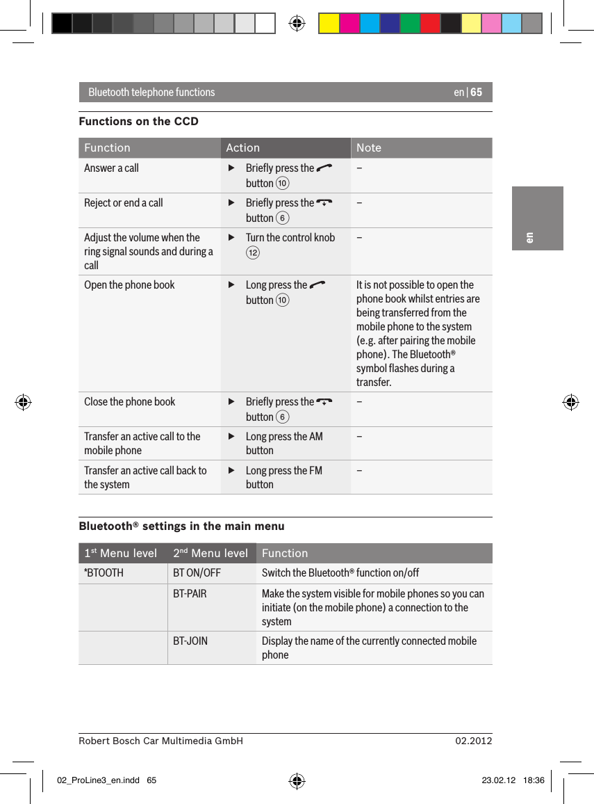 en | 6502.2012Robert Bosch Car Multimedia GmbHenBluetooth telephone functionsFunctions on the CCDFunction Action NoteAnswer a call  fBrieﬂy press the   button :–Reject or end a call  fBrieﬂy press the   button 6–Adjust the volume when the ring signal sounds and during a call fTurn the control knob &lt;–Open the phone book  fLong press the   button :It is not possible to open the phone book whilst entries are being transferred from the mobile phone to the system (e.g. after pairing the mobile phone). The Bluetooth® symbol ﬂashes during a transfer.Close the phone book  fBrieﬂy press the   button 6–Transfer an active call to the mobile phone fLong press the AM button–Transfer an active call back to the system fLong press the FM button–Bluetooth® settings in the main menu1st Menu level 2nd Menu level Function*BTOOTH BT ON/OFF Switch the Bluetooth® function on/offBT-PAIR Make the system visible for mobile phones so you can initiate (on the mobile phone) a connection to the systemBT-JOIN Display the name of the currently connected mobile phone02_ProLine3_en.indd   65 23.02.12   18:36