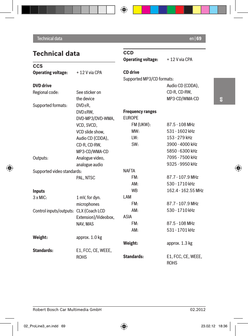 en | 6902.2012Robert Bosch Car Multimedia GmbHenTechnical dataCCSOperating voltage:  + 12 V via CPADVD driveRegional code:  See sticker on      the deviceSupported formats:  DVD±R,      DVD±RW,      DVD-MP3/DVD-WMA,      VCD, SVCD,       VCD slide show,      Audio CD (CDDA),      CD-R, CD-RW,      MP3-CD/WMA-CDOutputs:    Analogue video,      analogue audioSupported video standards:      PAL, NTSCInputs 3 x MIC:    1 mV, for dyn.       microphonesControl inputs/outputs:  CLX (Coach LCD       Extension)/Videobox,       NAV, MASWeight:    approx. 1.0 kgStandards:    E1, FCC, CE, WEEE,       ROHSCCDOperating voltage:  + 12 V via CPACD driveSupported MP3/CD formats:      Audio CD (CDDA),       CD-R, CD-RW,       MP3-CD/WMA-CDFrequency rangesEUROPE  FM (UKW):    87.5 - 108 MHz  MW:    531 - 1602 kHz  LW:    153 - 279 kHz  SW:    3900 - 4000 kHz      5850 - 6300 kHz      7095 - 7500 kHz      9325 - 9950 kHzNAFTA   FM:    87.7 - 107.9 MHz  AM:    530 - 1710 kHz  WB    162.4 - 162.55 MHzLAM   FM:    87.7 - 107.9 MHz  AM:    530 - 1710 kHzASIA   FM:    87.5 - 108 MHz  AM:    531 - 1701 kHzWeight:    approx. 1.3 kgStandards:   E1, FCC, CE, WEEE,      ROHSTechnical data02_ProLine3_en.indd   69 23.02.12   18:36