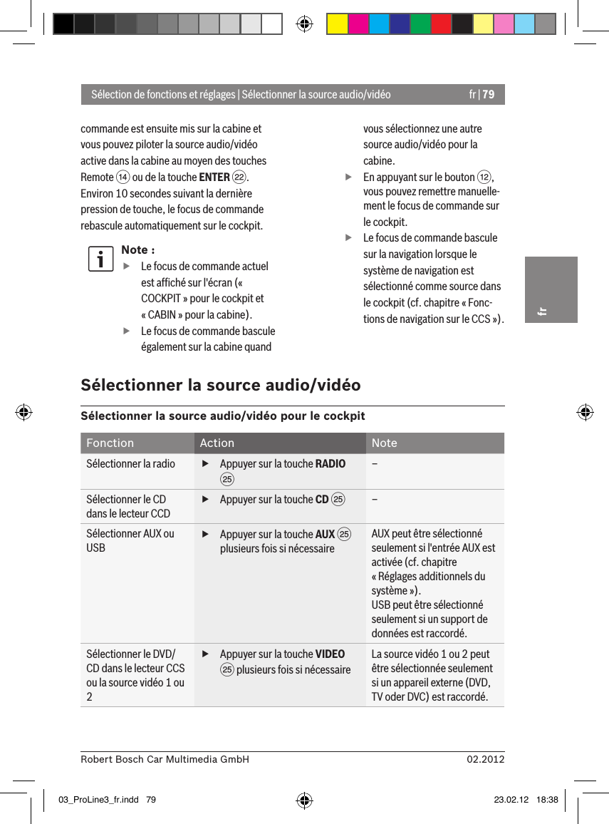 fr | 7902.2012Robert Bosch Car Multimedia GmbHfrcommande est ensuite mis sur la cabine et vous pouvez piloter la source audio/vidéo active dans la cabine au moyen des touches Remote &gt; ou de la touche ENTER F. Environ 10 secondes suivant la dernière pression de touche, le focus de commande rebascule automatiquement sur le cockpit.Note : fLe focus de commande actuel est afﬁché sur l&apos;écran (« COCKPIT » pour le cockpit et « CABIN » pour la cabine). fLe focus de commande bascule également sur la cabine quand vous sélectionnez une autre source audio/vidéo pour la cabine. fEn appuyant sur le bouton &lt;, vous pouvez remettre manuelle-ment le focus de commande sur le cockpit. fLe focus de commande bascule sur la navigation lorsque le système de navigation est sélectionné comme source dans le cockpit (cf. chapitre « Fonc-tions de navigation sur le CCS »).Sélection de fonctions et réglages | Sélectionner la source audio/vidéoSélectionner la source audio/vidéoSélectionner la source audio/vidéo pour le cockpitFonction Action NoteSélectionner la radio  fAppuyer sur la touche RADIO I–Sélectionner le CD dans le lecteur CCD fAppuyer sur la touche CD I–Sélectionner AUX ou USB fAppuyer sur la touche AUX I plusieurs fois si nécessaireAUX peut être sélectionné seulement si l&apos;entrée AUX est activée (cf. chapitre « Réglages additionnels du système »).USB peut être sélectionné seulement si un support de données est raccordé.Sélectionner le DVD/CD dans le lecteur CCS ou la source vidéo 1 ou 2 fAppuyer sur la touche VIDEO I plusieurs fois si nécessaireLa source vidéo 1 ou 2 peut être sélectionnée seulement si un appareil externe (DVD, TV oder DVC) est raccordé.03_ProLine3_fr.indd   79 23.02.12   18:38