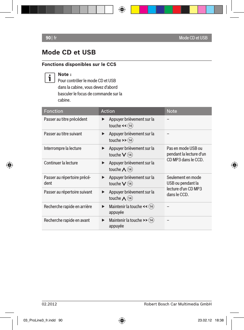 90 | fr02.2012 Robert Bosch Car Multimedia GmbHMode CD et USBFonctions disponibles sur le CCSNote :Pour contrôler le mode CD et USB dans la cabine, vous devez d&apos;abord basculer le focus de commande sur la cabine.Fonction Action NotePasser au titre précédent  fAppuyer brièvement sur la touche &lt;&lt; &gt;–Passer au titre suivant  fAppuyer brièvement sur la touche &gt;&gt; &gt;–Interrompre la lecture  fAppuyer brièvement sur la touche   &gt;Pas en mode USB ou pendant la lecture d&apos;un CD MP3 dans le CCD.Continuer la lecture  fAppuyer brièvement sur la touche   &gt;Passer au répertoire précé-dent fAppuyer brièvement sur la touche   &gt;Seulement en mode USB ou pendant la lecture d&apos;un CD MP3 dans le CCD.Passer au répertoire suivant  fAppuyer brièvement sur la touche   &gt;Recherche rapide en arrière  fMaintenir la touche &lt;&lt; &gt; appuyée–Recherche rapide en avant  fMaintenir la touche &gt;&gt; &gt; appuyée–Mode CD et USB03_ProLine3_fr.indd   90 23.02.12   18:38