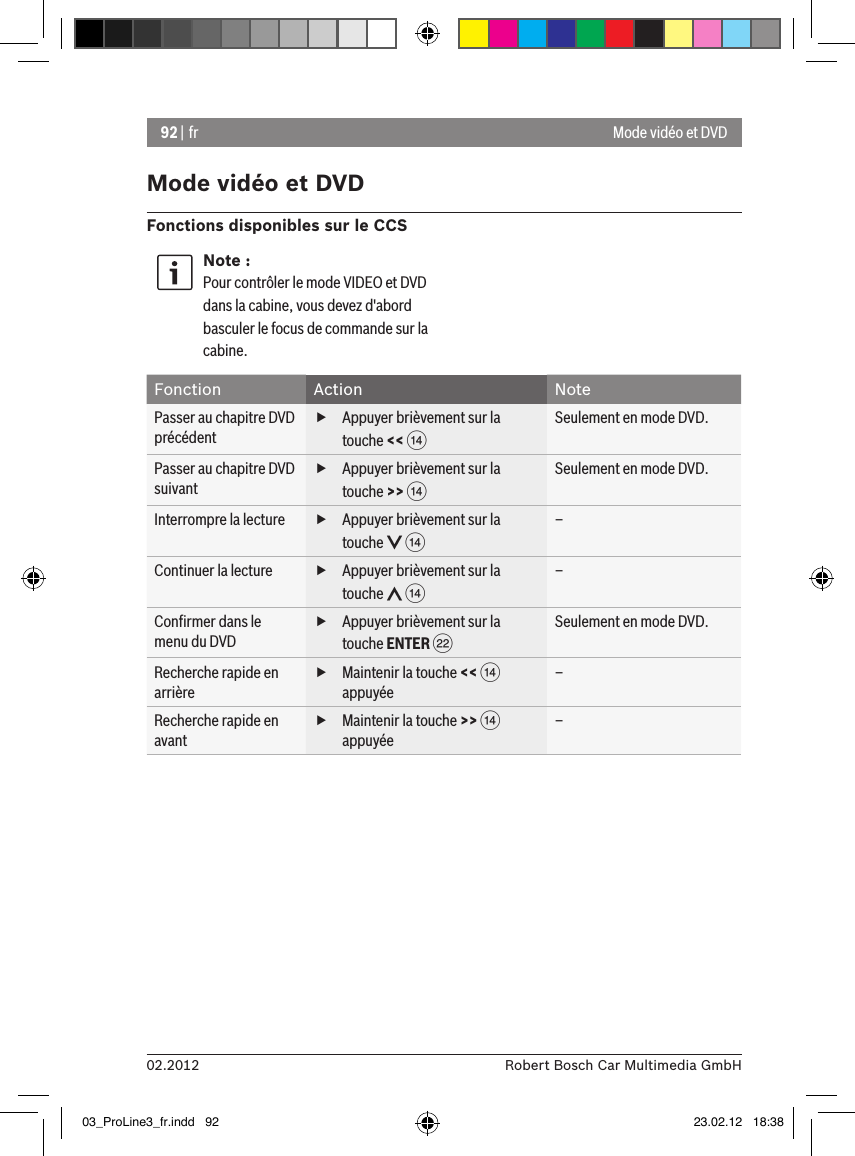 92 | fr02.2012 Robert Bosch Car Multimedia GmbHMode vidéo et DVDFonctions disponibles sur le CCSNote :Pour contrôler le mode VIDEO et DVD dans la cabine, vous devez d&apos;abord basculer le focus de commande sur la cabine. Fonction Action NotePasser au chapitre DVD précédent fAppuyer brièvement sur la touche &lt;&lt; &gt;Seulement en mode DVD.Passer au chapitre DVD suivant fAppuyer brièvement sur la touche &gt;&gt; &gt;Seulement en mode DVD.Interrompre la lecture  fAppuyer brièvement sur la touche   &gt;–Continuer la lecture  fAppuyer brièvement sur la touche   &gt;–Conﬁrmer dans le menu du DVD fAppuyer brièvement sur la touche ENTER FSeulement en mode DVD.Recherche rapide en arrière fMaintenir la touche &lt;&lt; &gt; appuyée–Recherche rapide en avant fMaintenir la touche &gt;&gt; &gt; appuyée–Mode vidéo et DVD03_ProLine3_fr.indd   92 23.02.12   18:38