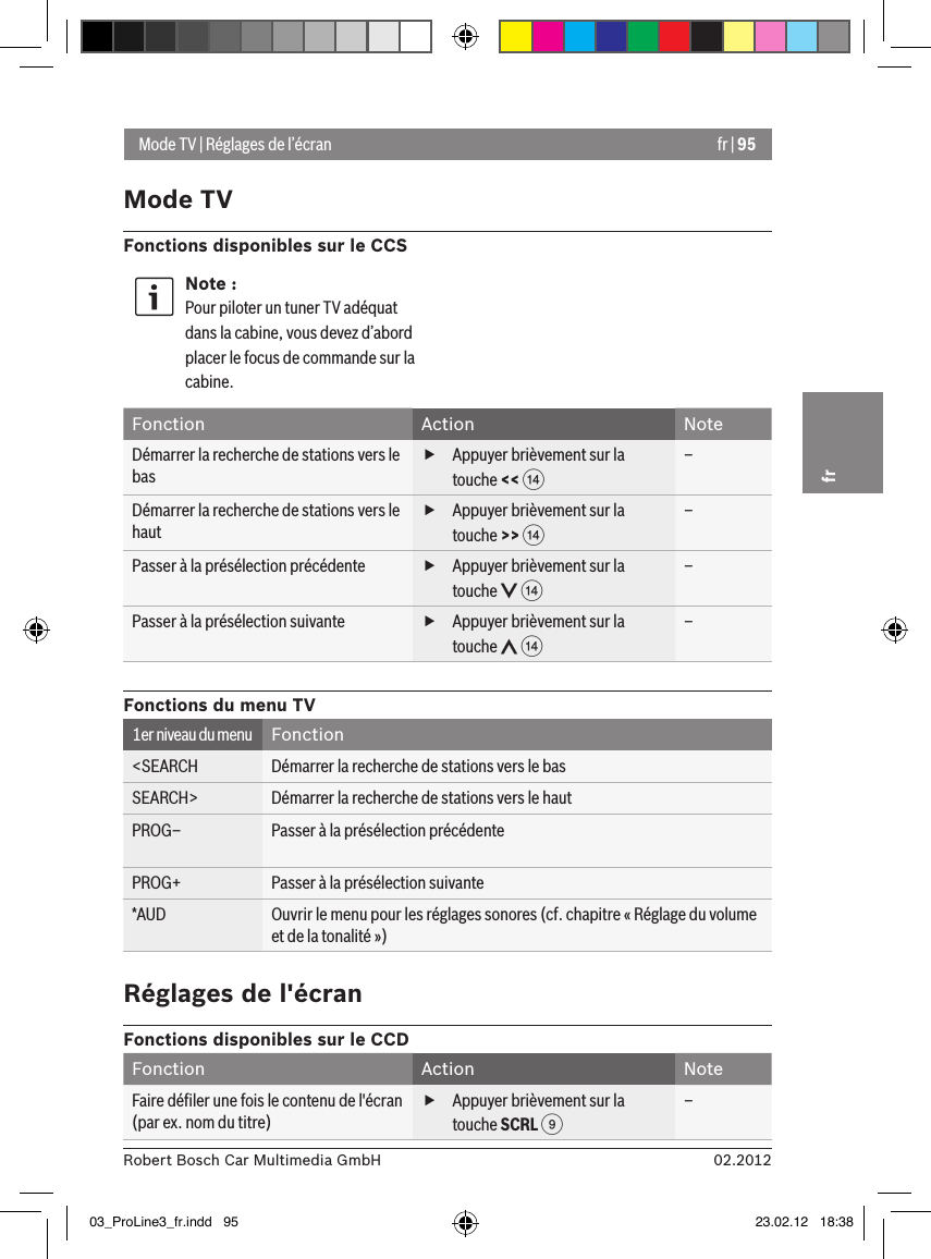 fr | 9502.2012Robert Bosch Car Multimedia GmbHfrMode TV | Réglages de l’écranMode TVFonctions disponibles sur le CCSNote :Pour piloter un tuner TV adéquat dans la cabine, vous devez d’abord placer le focus de commande sur la cabine.Fonction Action NoteDémarrer la recherche de stations vers le bas fAppuyer brièvement sur la touche &lt;&lt; &gt;–Démarrer la recherche de stations vers le haut fAppuyer brièvement sur la touche &gt;&gt; &gt;–Passer à la présélection précédente  fAppuyer brièvement sur la touche   &gt;–Passer à la présélection suivante  fAppuyer brièvement sur la touche   &gt;–Fonctions du menu TV1er niveau du menu Fonction&lt;SEARCH Démarrer la recherche de stations vers le basSEARCH&gt; Démarrer la recherche de stations vers le hautPROG– Passer à la présélection précédentePROG+ Passer à la présélection suivante*AUD Ouvrir le menu pour les réglages sonores (cf. chapitre « Réglage du volume et de la tonalité »)Réglages de l&apos;écranFonctions disponibles sur le CCDFonction Action NoteFaire déﬁler une fois le contenu de l&apos;écran (par ex. nom du titre) fAppuyer brièvement sur la touche SCRL 9–03_ProLine3_fr.indd   95 23.02.12   18:38