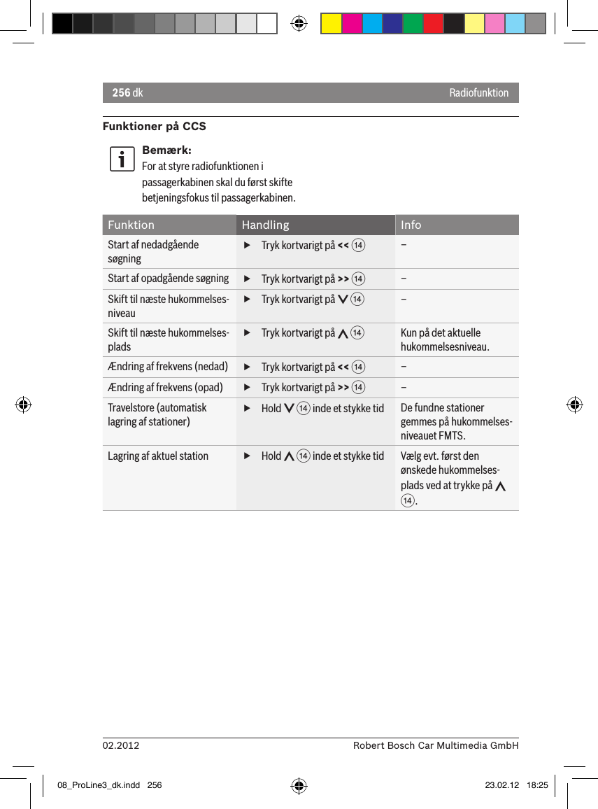 256 dk02.2012 Robert Bosch Car Multimedia GmbHFunktioner på CCSBemærk:For at styre radiofunktionen i passagerkabinen skal du først skifte betjeningsfokus til passagerkabinen.Funktion Handling InfoStart af nedadgående søgning fTryk kortvarigt på &lt;&lt; &gt;–Start af opadgående søgning  fTryk kortvarigt på &gt;&gt; &gt;–Skift til næste hukommelses-niveau fTryk kortvarigt på   &gt;–Skift til næste hukommelses-plads fTryk kortvarigt på   &gt;Kun på det aktuelle hukommelsesniveau.Ændring af frekvens (nedad)  fTryk kortvarigt på &lt;&lt; &gt;–Ændring af frekvens (opad)  fTryk kortvarigt på &gt;&gt; &gt;–Travelstore (automatisk lagring af stationer) fHold   &gt; inde et stykke tid De fundne stationer gemmes på hukommelses-niveauet FMTS.Lagring af aktuel station  fHold   &gt; inde et stykke tid Vælg evt. først den ønskede hukommelses-plads ved at trykke på   &gt;.Radiofunktion08_ProLine3_dk.indd   256 23.02.12   18:25