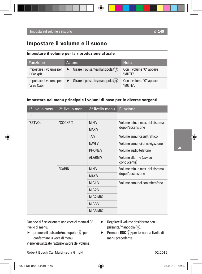 it | 14902.2012Robert Bosch Car Multimedia GmbHitImpostare il volume e il suonoImpostare il volume e il suonoImpostare il volume per la riproduzione attualeFunzione Azione NotaImpostare il volume per il Cockpit fGirare il pulsante/manopola &lt;  Con il volume &quot;0&quot; appare &quot;MUTE&quot;.Impostare il volume per l&apos;area Cabin fGirare il pulsante/manopola ?  Con il volume &quot;0&quot; appare &quot;MUTE&quot;.Impostare nel menu principale i volumi di base per le diverse sorgenti 1° livello menu  2° livello menu  3° livello menu  Funzione   :*SETVOL *COCKPIT MIN V Volume min. e max. del sistema dopo l&apos;accensioneMAX VTA V Volume annunci sul trafﬁco NAVI V Volume annunci di navigazionePHONE V Volume audio telefonoALARM V Volume allarme (avviso conducente)*CABIN MIN V Volume min. e max. del sistema dopo l&apos;accensioneMAX VMIC1 V Volume annunci con microfonoMIC2 VMIC2 MIXMIC3 VMIC3 MIXQuando si è selezionata una voce di menu al 3° livello di menu: fpremere il pulsante/manopola  &lt; per confermare la voce di menu.Viene visualizzato l&apos;attuale valore del volume. fRegolare il volume desiderato con il pulsante/manopola &lt;. fPremere ESC E per tornare al livello di menu precedente.05_ProLine3_it.indd   149 23.02.12   18:39