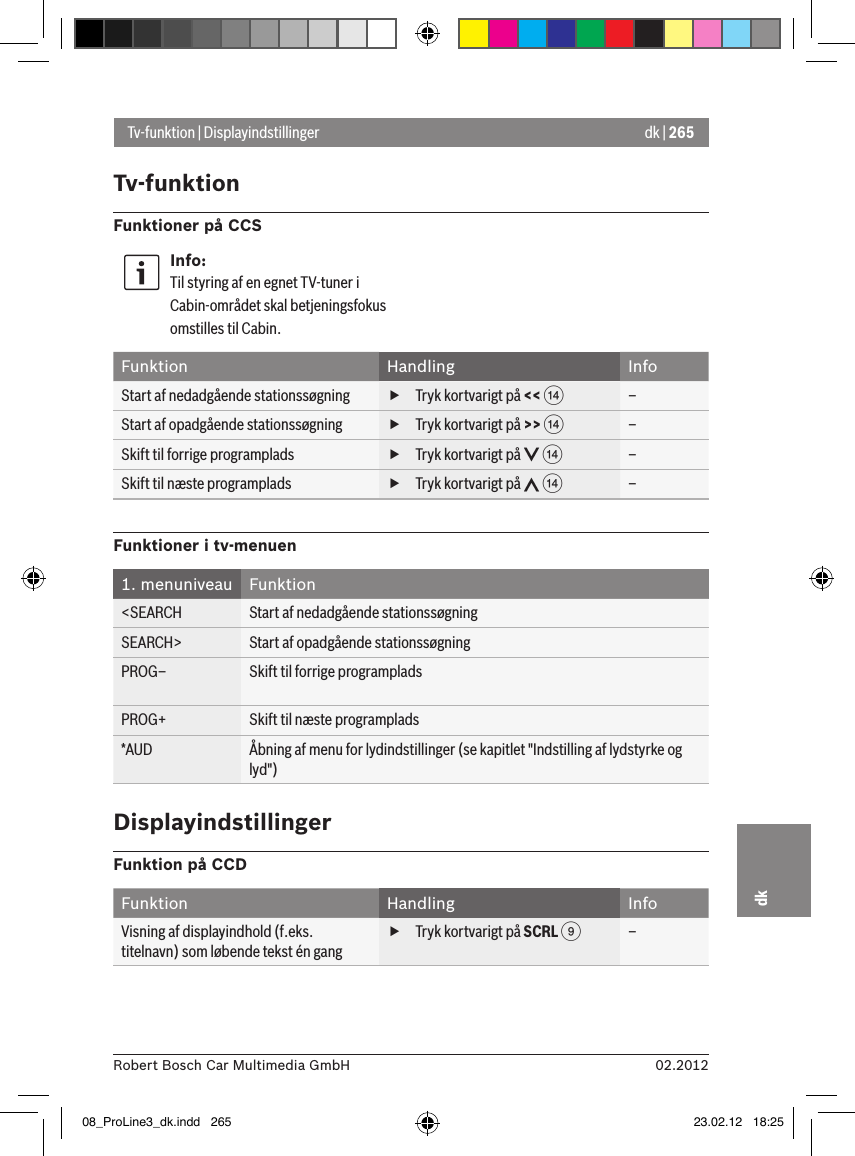 dk | 26502.2012Robert Bosch Car Multimedia GmbHdkTv-funktion | DisplayindstillingerTv-funktionFunktioner på CCSInfo:Til styring af en egnet TV-tuner i Cabin-området skal betjeningsfokus omstilles til Cabin.Funktion Handling InfoStart af nedadgående stationssøgning  fTryk kortvarigt på &lt;&lt; &gt;–Start af opadgående stationssøgning  fTryk kortvarigt på &gt;&gt; &gt;–Skift til forrige programplads  fTryk kortvarigt på   &gt;–Skift til næste programplads  fTryk kortvarigt på   &gt;–Funktioner i tv-menuen1. menuniveau Funktion&lt;SEARCH Start af nedadgående stationssøgningSEARCH&gt; Start af opadgående stationssøgningPROG– Skift til forrige programpladsPROG+ Skift til næste programplads*AUD Åbning af menu for lydindstillinger (se kapitlet &quot;Indstilling af lydstyrke og lyd&quot;)DisplayindstillingerFunktion på CCDFunktion Handling InfoVisning af displayindhold (f.eks. titelnavn) som løbende tekst én gang fTryk kortvarigt på SCRL 9–08_ProLine3_dk.indd   265 23.02.12   18:25