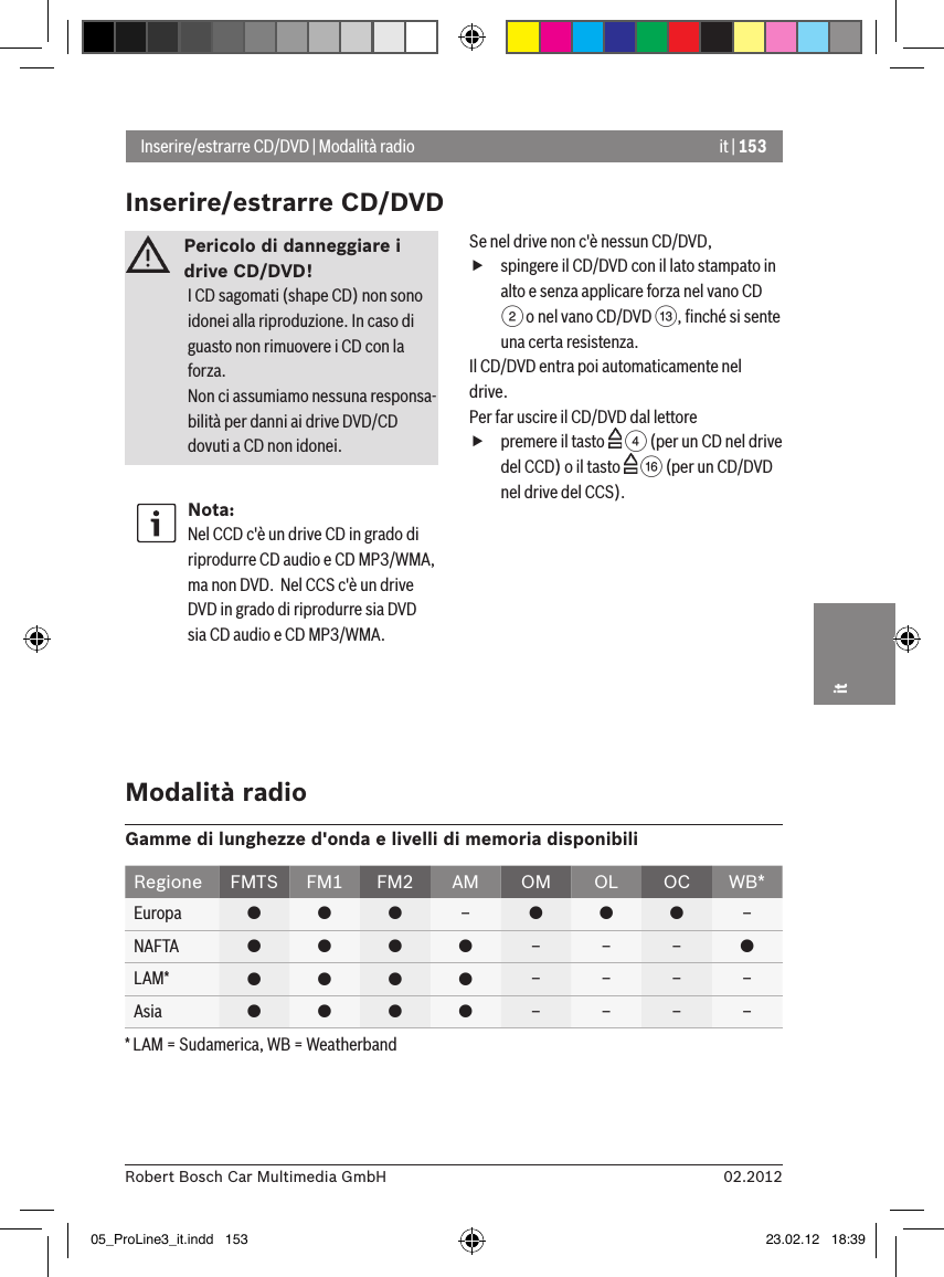 it | 15302.2012Robert Bosch Car Multimedia GmbHitPericolo di danneggiare i drive CD/DVD! I CD sagomati (shape CD) non sono idonei alla riproduzione. In caso di guasto non rimuovere i CD con la forza.Non ci assumiamo nessuna responsa-bilità per danni ai drive DVD/CD dovuti a CD non idonei.Nota:Nel CCD c&apos;è un drive CD in grado di riprodurre CD audio e CD MP3/WMA, ma non DVD.  Nel CCS c&apos;è un drive DVD in grado di riprodurre sia DVD sia CD audio e CD MP3/WMA.Se nel drive non c&apos;è nessun CD/DVD, fspingere il CD/DVD con il lato stampato in alto e senza applicare forza nel vano CD 2 o nel vano CD/DVD =, ﬁnché si sente una certa resistenza.Il CD/DVD entra poi automaticamente nel drive.Per far uscire il CD/DVD dal lettore fpremere il tasto   4 (per un CD nel drive del CCD) o il tasto   @ (per un CD/DVD nel drive del CCS).Inserire/estrarre CD/DVD | Modalità radioInserire/estrarre CD/DVDModalità radioGamme di lunghezze d&apos;onda e livelli di memoria disponibiliRegione FMTS FM1 FM2 AM OM OL OC WB*Europa    –   –NAFTA     – – – LAM*     – – – –Asia     – – – –* LAM = Sudamerica, WB = Weatherband05_ProLine3_it.indd   153 23.02.12   18:39