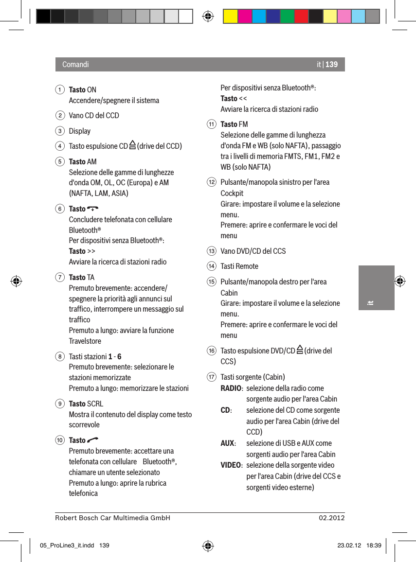it | 13902.2012Robert Bosch Car Multimedia GmbHit1 Tasto ON Accendere/spegnere il sistema2  Vano CD del CCD3  Display4  Tasto espulsione CD   (drive del CCD)5 Tasto AMSelezione delle gamme di lunghezze d&apos;onda OM, OL, OC (Europa) e AM (NAFTA, LAM, ASIA)6 Tasto Concludere telefonata con cellulare Bluetooth®Per dispositivi senza Bluetooth®:Tasto &gt;&gt;Avviare la ricerca di stazioni radio7 Tasto TAPremuto brevemente: accendere/spegnere la priorità agli annunci sul trafﬁco, interrompere un messaggio sul trafﬁco Premuto a lungo: avviare la funzione Travelstore8  Tasti stazioni 1 - 6Premuto brevemente: selezionare le stazioni memorizzatePremuto a lungo: memorizzare le stazioni9 Tasto SCRLMostra il contenuto del display come testo scorrevole: Tasto Premuto brevemente: accettare una telefonata con cellulare Bluetooth®, chiamare un utente selezionatoPremuto a lungo: aprire la rubrica telefonicaPer dispositivi senza Bluetooth®:Tasto &lt;&lt;Avviare la ricerca di stazioni radio; Tasto FMSelezione delle gamme di lunghezza d&apos;onda FM e WB (solo NAFTA), passaggio tra i livelli di memoria FMTS, FM1, FM2 e WB (solo NAFTA)&lt;  Pulsante/manopola sinistro per l&apos;area CockpitGirare: impostare il volume e la selezione menu.Premere: aprire e confermare le voci del menu=  Vano DVD/CD del CCS&gt;  Tasti Remote ?  Pulsante/manopola destro per l&apos;area CabinGirare: impostare il volume e la selezione menu.Premere: aprire e confermare le voci del menu@  Tasto espulsione DVD/CD   (drive del CCS)A  Tasti sorgente (Cabin)RADIO:  selezione della radio come sorgente audio per l&apos;area CabinCD:   selezione del CD come sorgente audio per l&apos;area Cabin (drive del CCD)AUX:  selezione di USB e AUX come sorgenti audio per l&apos;area CabinVIDEO:  selezione della sorgente video per l&apos;area Cabin (drive del CCS e sorgenti video esterne)Comandi05_ProLine3_it.indd   139 23.02.12   18:39