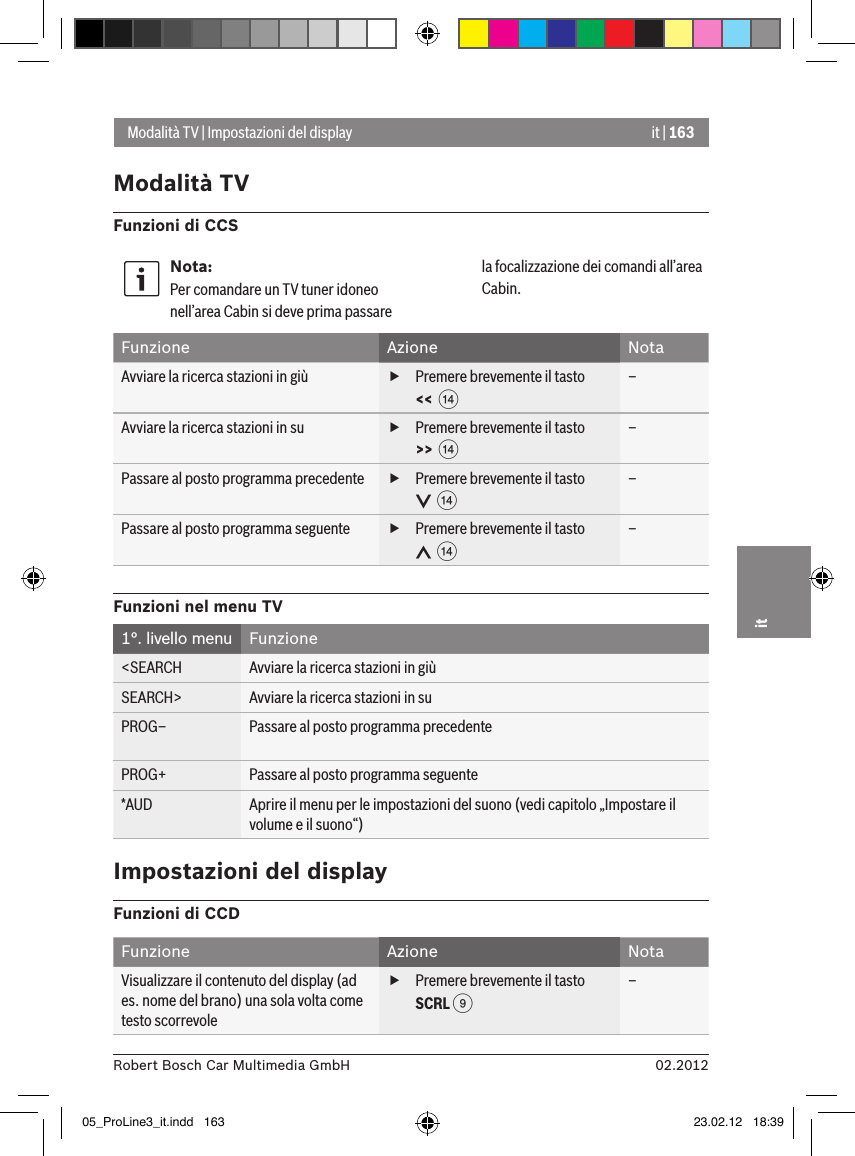 it | 16302.2012Robert Bosch Car Multimedia GmbHitModalità TV | Impostazioni del displayModalità TVFunzioni di CCSNota:Per comandare un TV tuner idoneo nell’area Cabin si deve prima passare la focalizzazione dei comandi all’area Cabin.Funzione Azione NotaAvviare la ricerca stazioni in giù  fPremere brevemente il tasto &lt;&lt;  &gt; –Avviare la ricerca stazioni in su  fPremere brevemente il tasto &gt;&gt;  &gt; –Passare al posto programma precedente  fPremere brevemente il tasto   &gt; –Passare al posto programma seguente  fPremere brevemente il tasto   &gt; –Funzioni nel menu TV1°. livello menu  Funzione&lt;SEARCH Avviare la ricerca stazioni in giùSEARCH&gt; Avviare la ricerca stazioni in suPROG– Passare al posto programma precedentePROG+ Passare al posto programma seguente*AUD Aprire il menu per le impostazioni del suono (vedi capitolo „Impostare il volume e il suono“)Impostazioni del displayFunzioni di CCDFunzione Azione NotaVisualizzare il contenuto del display (ad es. nome del brano) una sola volta come testo scorrevole fPremere brevemente il tasto SCRL 9 –05_ProLine3_it.indd   163 23.02.12   18:39