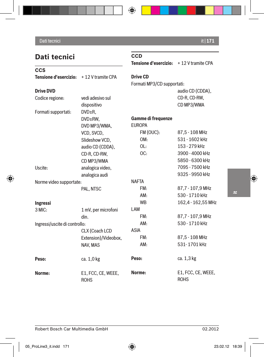it | 17102.2012Robert Bosch Car Multimedia GmbHitDati tecniciCCSTensione d&apos;esercizio:  + 12 V tramite CPADrive DVDCodice regione:  vedi adesivo sul      dispositivoFormati supportati:  DVD±R,      DVD±RW,      DVD MP3/WMA,      VCD, SVCD,       Slideshow VCD,      audio CD (CDDA),      CD-R, CD-RW,      CD MP3/WMAUscite:    analogica video,      analogica audiNorme video supportate:      PAL, NTSCIngressi 3 MIC:    1 mV, per microfoni       din.Ingressi/uscite di controllo:     CLX (Coach LCD    Extension)/Videobox,       NAV, MASPeso:    ca. 1,0 kgNorme:    E1, FCC, CE, WEEE,       ROHSCCDTensione d&apos;esercizio:  + 12 V tramite CPADrive CDFormati MP3/CD supportati:      audio CD (CDDA),       CD-R, CD-RW,       CD MP3/WMAGamme di frequenzeEUROPA  FM (OUC):    87,5 - 108 MHz  OM:    531 - 1602 kHz  OL:    153 - 279 kHz  OC:    3900 - 4000 kHz      5850 - 6300 kHz      7095 - 7500 kHz      9325 - 9950 kHzNAFTA   FM:    87,7 - 107,9 MHz  AM:    530 - 1710 kHz  WB    162,4 - 162,55 MHzLAM   FM:    87,7 - 107,9 MHz  AM:    530 - 1710 kHzASIA   FM:    87,5 - 108 MHz  AM:    531- 1701 kHzPeso:    ca. 1,3 kgNorme:    E1, FCC, CE, WEEE,       ROHSDati tecnici05_ProLine3_it.indd   171 23.02.12   18:39