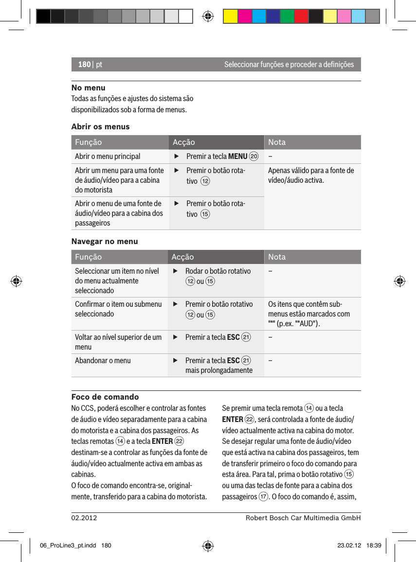 180 | pt02.2012 Robert Bosch Car Multimedia GmbHSeleccionar funções e proceder a deﬁniçõesNo menuTodas as funções e ajustes do sistema são disponibilizados sob a forma de menus.Abrir os menusFunção Acção NotaAbrir o menu principal  fPremir a tecla MENU D–Abrir um menu para uma fonte de áudio/vídeo para a cabina do motorista fPremir o botão rota-tivo  &lt;Apenas válido para a fonte de vídeo/áudio activa.Abrir o menu de uma fonte de áudio/vídeo para a cabina dos passageiros fPremir o botão rota-tivo  ?Navegar no menuFunção Acção NotaSeleccionar um item no nível do menu actualmente seleccionado fRodar o botão rotativo &lt; ou ?–Conﬁrmar o item ou submenu seleccionado fPremir o botão rotativo &lt; ou ?Os itens que contêm sub-menus estão marcados com &quot;*&quot; (p.ex. &quot;*AUD&quot;).Voltar ao nível superior de um menu fPremir a tecla ESC E–Abandonar o menu  fPremir a tecla ESC E mais prolongadamente–Foco de comandoNo CCS, poderá escolher e controlar as fontes de áudio e vídeo separadamente para a cabina do motorista e a cabina dos passageiros. As teclas remotas &gt; e a tecla ENTER F destinam-se a controlar as funções da fonte de áudio/vídeo actualmente activa em ambas as cabinas.O foco de comando encontra-se, original-mente, transferido para a cabina do motorista. Se premir uma tecla remota &gt; ou a tecla ENTER F, será controlada a fonte de áudio/vídeo actualmente activa na cabina do motor.Se desejar regular uma fonte de áudio/vídeo que está activa na cabina dos passageiros, tem de transferir primeiro o foco do comando para esta área. Para tal, prima o botão rotativo ? ou uma das teclas de fonte para a cabina dos passageiros A. O foco do comando é, assim, 06_ProLine3_pt.indd   180 23.02.12   18:39