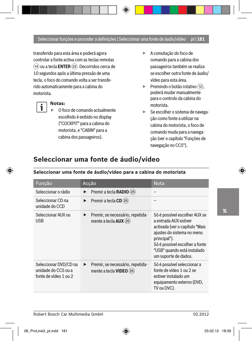 pt | 18102.2012Robert Bosch Car Multimedia GmbHpttransferido para esta área e poderá agora controlar a fonte activa com as teclas remotas &gt; ou a tecla ENTER F. Decorridos cerca de 10 segundos após a última pressão de uma tecla, o foco do comando volta a ser transfe-rido automaticamente para a cabina do motorista.Notas: fO foco de comando actualmente escolhido é exibido no display (&quot;COCKPIT&quot; para a cabina do motorista, e &quot;CABIN&quot; para a cabina dos passageiros). fA comutação do foco de comando para a cabina dos passageiros também se realiza se escolher outra fonte de áudio/vídeo para esta área. fPremindo o botão rotativo &lt;, poderá mudar manualmente para o controlo da cabina do motorista. fSe escolher o sistema de navega-ção como fonte a utilizar na cabina do motorista, o foco de comando muda para a navega-ção (ver o capítulo &quot;Funções de navegação no CCS&quot;).Seleccionar funções e proceder a deﬁnições | Seleccionar uma fonte de áudio/vídeoSeleccionar uma fonte de áudio/vídeoSeleccionar uma fonte de áudio/vídeo para a cabina do motoristaFunção Acção NotaSeleccionar o rádio  fPremir a tecla RADIO I–Seleccionar CD na unidade do CCD fPremir a tecla CD I–Seleccionar AUX ou USB fPremir, se necessário, repetida-mente a tecla AUX ISó é possível escolher AUX se a entrada AUX estiver activada (ver o capítulo &quot;Mais ajustes do sistema no menu principal&quot;).Só é possível escolher a fonte &quot;USB&quot; quando está instalado um suporte de dados.Seleccionar DVD/CD na unidade do CCS ou a fonte de vídeo 1 ou 2 fPremir, se necessário, repetida-mente a tecla VIDEO ISó é possível seleccionar a fonte de vídeo 1 ou 2 se estiver instalado um equipamento externo (DVD, TV ou DVC).06_ProLine3_pt.indd   181 23.02.12   18:39