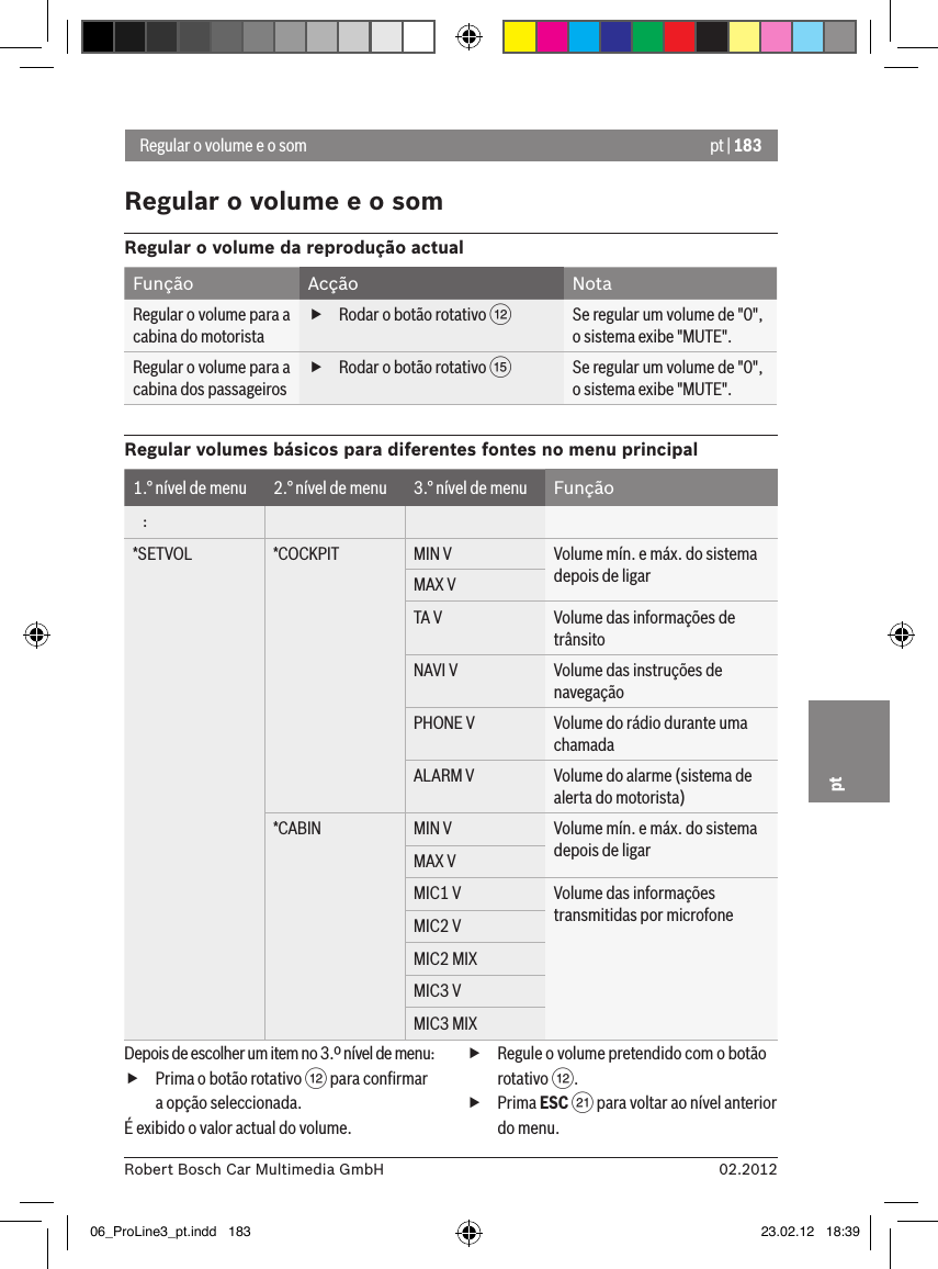 pt | 18302.2012Robert Bosch Car Multimedia GmbHptRegular o volume e o somRegular o volume e o somRegular o volume da reprodução actualFunção Acção NotaRegular o volume para a cabina do motorista fRodar o botão rotativo &lt;Se regular um volume de &quot;0&quot;, o sistema exibe &quot;MUTE&quot;.Regular o volume para a cabina dos passageiros fRodar o botão rotativo ?Se regular um volume de &quot;0&quot;, o sistema exibe &quot;MUTE&quot;.Regular volumes básicos para diferentes fontes no menu principal1.° nível de menu 2.° nível de menu 3.° nível de menu Função   :*SETVOL *COCKPIT MIN V Volume mín. e máx. do sistema depois de ligarMAX VTA V Volume das informações de trânsitoNAVI V Volume das instruções de navegaçãoPHONE V Volume do rádio durante uma chamadaALARM V Volume do alarme (sistema de alerta do motorista)*CABIN MIN V Volume mín. e máx. do sistema depois de ligarMAX VMIC1 V Volume das informações transmitidas por microfoneMIC2 VMIC2 MIXMIC3 VMIC3 MIXDepois de escolher um item no 3.º nível de menu: fPrima o botão rotativo &lt; para conﬁrmar a opção seleccionada.É exibido o valor actual do volume. fRegule o volume pretendido com o botão rotativo &lt;. fPrima ESC E para voltar ao nível anterior do menu.06_ProLine3_pt.indd   183 23.02.12   18:39