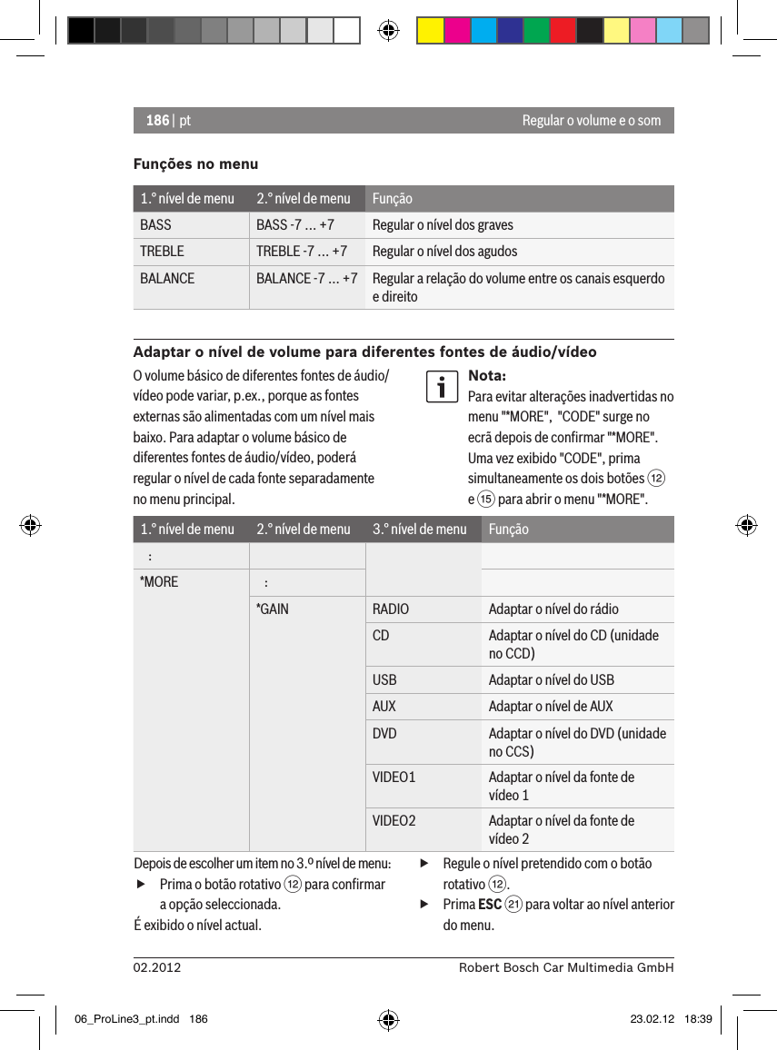 186 | pt02.2012 Robert Bosch Car Multimedia GmbHFunções no menu1.° nível de menu 2.° nível de menu FunçãoBASS BASS -7 ... +7 Regular o nível dos gravesTREBLE TREBLE -7 ... +7 Regular o nível dos agudosBALANCE BALANCE -7 ... +7 Regular a relação do volume entre os canais esquerdo e direitoAdaptar o nível de volume para diferentes fontes de áudio/vídeoRegular o volume e o somO volume básico de diferentes fontes de áudio/vídeo pode variar, p.ex., porque as fontes externas são alimentadas com um nível mais baixo. Para adaptar o volume básico de diferentes fontes de áudio/vídeo, poderá regular o nível de cada fonte separadamente no menu principal.Nota:Para evitar alterações inadvertidas no menu &quot;*MORE&quot;,  &quot;CODE&quot; surge no ecrã depois de conﬁrmar &quot;*MORE&quot;. Uma vez exibido &quot;CODE&quot;, prima simultaneamente os dois botões &lt; e ? para abrir o menu &quot;*MORE&quot;.1.° nível de menu 2.° nível de menu 3.° nível de menu Função   :*MORE    :*GAIN RADIO Adaptar o nível do rádioCD Adaptar o nível do CD (unidade no CCD)USB Adaptar o nível do USBAUX Adaptar o nível de AUXDVD Adaptar o nível do DVD (unidade no CCS)VIDEO1 Adaptar o nível da fonte de vídeo 1VIDEO2 Adaptar o nível da fonte de vídeo 2Depois de escolher um item no 3.º nível de menu: fPrima o botão rotativo &lt; para conﬁrmar a opção seleccionada.É exibido o nível actual. fRegule o nível pretendido com o botão rotativo &lt;. fPrima ESC E para voltar ao nível anterior do menu.06_ProLine3_pt.indd   186 23.02.12   18:39
