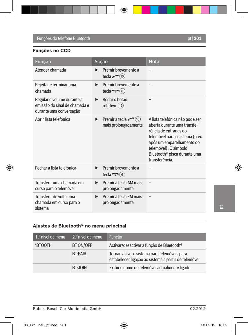 pt | 20102.2012Robert Bosch Car Multimedia GmbHptFunções do telefone BluetoothFunções no CCDFunção Acção NotaAtender chamada  fPremir brevemente a tecla   : –Rejeitar e terminar uma chamada fPremir brevemente a tecla   6–Regular o volume durante a emissão do sinal de chamada e durante uma conversação fRodar o botão rotativo  &lt;–Abrir lista telefónica  fPremir a tecla   : mais prolongadamenteA lista telefónica não pode ser aberta durante uma transfe-rência de entradas do telemóvel para o sistema (p.ex. após um emparelhamento do telemóvel). O símbolo Bluetooth® pisca durante uma transferência.Fechar a lista telefónica  fPremir brevemente a tecla   6–Transferir uma chamada em curso para o telemóvel fPremir a tecla AM mais prolongadamente–Transferir de volta uma chamada em curso para o sistema fPremir a tecla FM mais prolongadamente–Ajustes de Bluetooth® no menu principal1.° nível de menu 2.° nível de menu Função*BTOOTH BT ON/OFF Activar/desactivar a função de Bluetooth®BT-PAIR Tornar visível o sistema para telemóveis para estabelecer ligação ao sistema a partir do telemóvelBT-JOIN Exibir o nome do telemóvel actualmente ligado06_ProLine3_pt.indd   201 23.02.12   18:39
