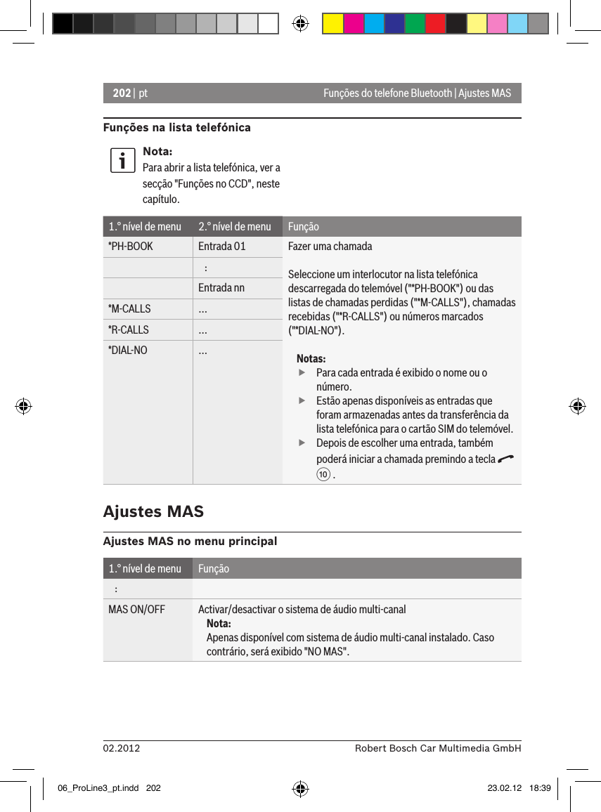 202 | pt02.2012 Robert Bosch Car Multimedia GmbHFunções do telefone Bluetooth | Ajustes MASFunções na lista telefónicaNota:Para abrir a lista telefónica, ver a secção &quot;Funções no CCD&quot;, neste capítulo.1.° nível de menu 2.° nível de menu Função*PH-BOOK Entrada 01 Fazer uma chamadaSeleccione um interlocutor na lista telefónica descarregada do telemóvel (&quot;*PH-BOOK&quot;) ou das listas de chamadas perdidas (&quot;*M-CALLS&quot;), chamadas recebidas (&quot;*R-CALLS&quot;) ou números marcados (&quot;*DIAL-NO&quot;).Notas: fPara cada entrada é exibido o nome ou o número. fEstão apenas disponíveis as entradas que foram armazenadas antes da transferência da lista telefónica para o cartão SIM do telemóvel. fDepois de escolher uma entrada, também poderá iniciar a chamada premindo a tecla   : .   :Entrada nn*M-CALLS ...*R-CALLS ...*DIAL-NO ...Ajustes MASAjustes MAS no menu principal1.° nível de menu Função   :MAS ON/OFF Activar/desactivar o sistema de áudio multi-canalNota:Apenas disponível com sistema de áudio multi-canal instalado. Caso contrário, será exibido &quot;NO MAS&quot;.06_ProLine3_pt.indd   202 23.02.12   18:39