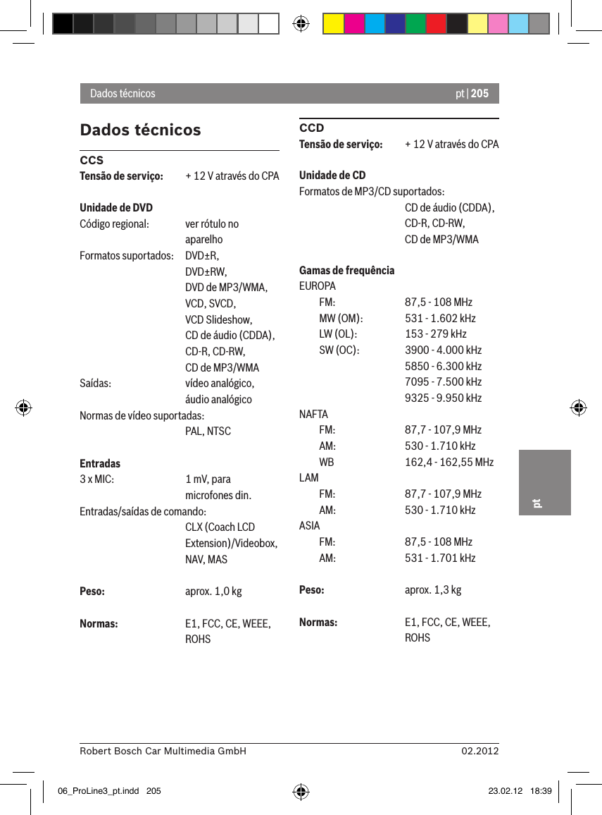 pt | 20502.2012Robert Bosch Car Multimedia GmbHptDados técnicosCCSTensão de serviço:  + 12 V através do CPAUnidade de DVDCódigo regional:  ver rótulo no      aparelhoFormatos suportados:  DVD±R,      DVD±RW,      DVD de MP3/WMA,      VCD, SVCD,      VCD Slideshow,      CD de áudio (CDDA),      CD-R, CD-RW,      CD de MP3/WMASaídas:    vídeo analógico,      áudio analógicoNormas de vídeo suportadas:      PAL, NTSCEntradas 3 x MIC:    1 mV, para       microfones din.Entradas/saídas de comando:       CLX (Coach LCD       Extension)/Videobox,       NAV, MASPeso:    aprox. 1,0 kgNormas:    E1, FCC, CE, WEEE,       ROHSCCDTensão de serviço:  + 12 V através do CPAUnidade de CDFormatos de MP3/CD suportados:      CD de áudio (CDDA),       CD-R, CD-RW,       CD de MP3/WMAGamas de frequênciaEUROPA  FM:    87,5 - 108 MHz  MW (OM):    531 - 1.602 kHz  LW (OL):    153 - 279 kHz  SW (OC):    3900 - 4.000 kHz      5850 - 6.300 kHz      7095 - 7.500 kHz      9325 - 9.950 kHzNAFTA   FM:    87,7 - 107,9 MHz  AM:    530 - 1.710 kHz  WB    162,4 - 162,55 MHzLAM   FM:    87,7 - 107,9 MHz  AM:    530 - 1.710 kHzASIA   FM:    87,5 - 108 MHz  AM:    531 - 1.701 kHzPeso:    aprox. 1,3 kgNormas:    E1, FCC, CE, WEEE,       ROHSDados técnicos06_ProLine3_pt.indd   205 23.02.12   18:39