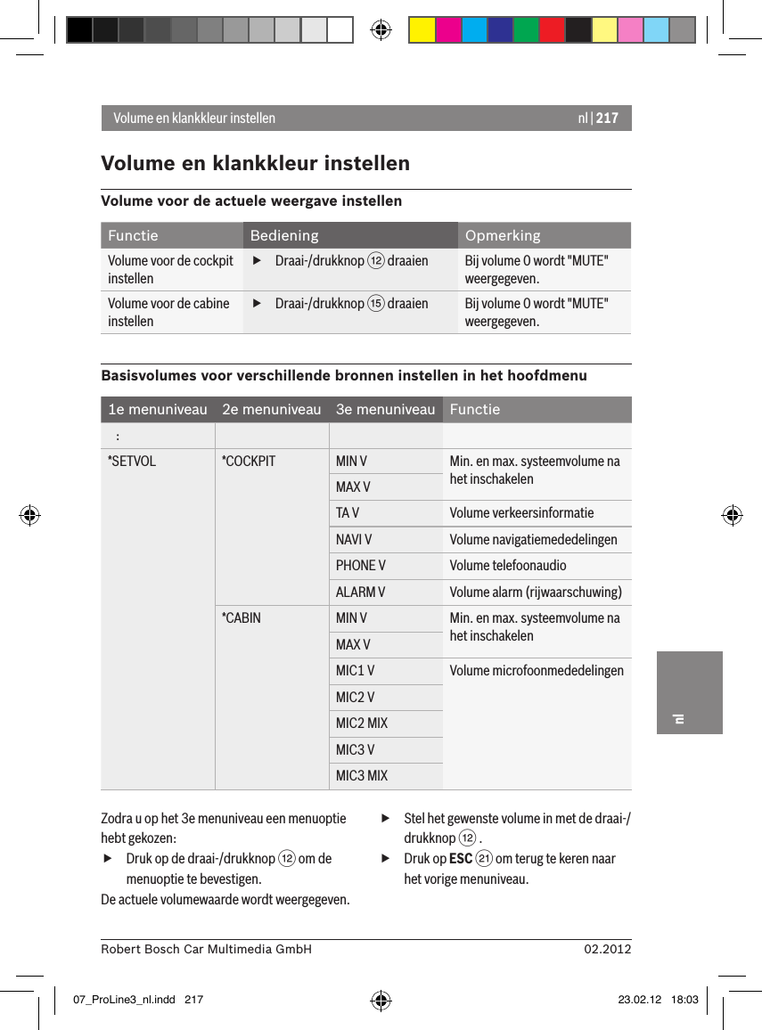 nl | 21702.2012Robert Bosch Car Multimedia GmbHnlVolume en klankkleur instellenVolume en klankkleur instellenVolume voor de actuele weergave instellenFunctie Bediening OpmerkingVolume voor de cockpit instellen fDraai-/drukknop &lt; draaien Bij volume 0 wordt &quot;MUTE&quot; weergegeven.Volume voor de cabine instellen fDraai-/drukknop ? draaien Bij volume 0 wordt &quot;MUTE&quot; weergegeven.Basisvolumes voor verschillende bronnen instellen in het hoofdmenu1e menuniveau 2e menuniveau 3e menuniveau Functie   :*SETVOL *COCKPIT MIN V Min. en max. systeemvolume na het inschakelen MAX VTA V Volume verkeersinformatieNAVI V Volume navigatiemededelingenPHONE V Volume telefoonaudioALARM V Volume alarm (rijwaarschuwing)*CABIN MIN V Min. en max. systeemvolume na het inschakelen MAX VMIC1 V Volume microfoonmededelingenMIC2 VMIC2 MIXMIC3 VMIC3 MIXZodra u op het 3e menuniveau een menuoptie hebt gekozen: fDruk op de draai-/drukknop &lt; om de menuoptie te bevestigen.De actuele volumewaarde wordt weergegeven. fStel het gewenste volume in met de draai-/drukknop &lt; . fDruk op ESC E om terug te keren naar het vorige menuniveau.07_ProLine3_nl.indd   217 23.02.12   18:03